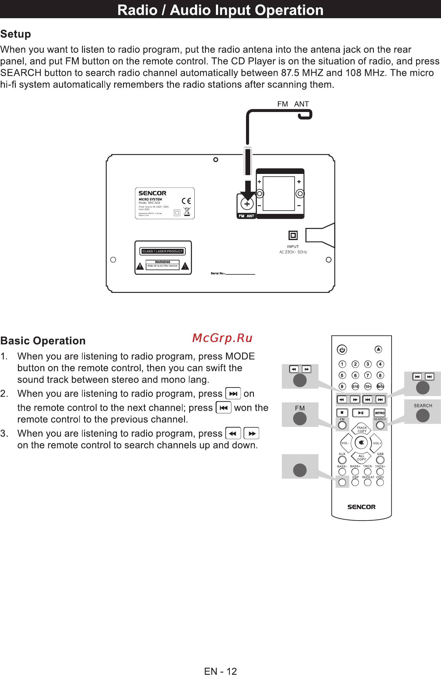 Sencor SMC 603 [12/16] Radio audio input operation