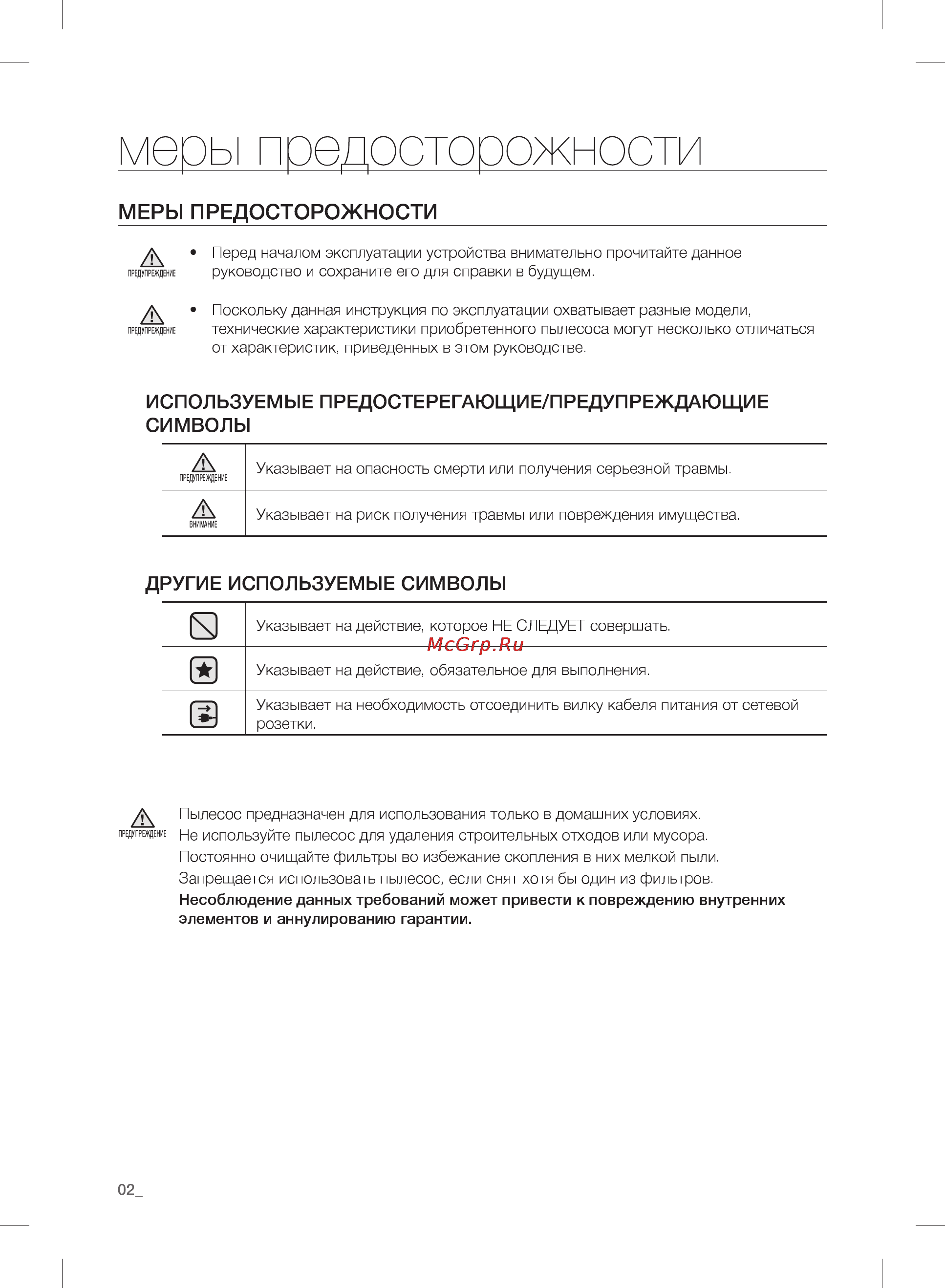Samsung SC21F50VA [2/24] Меры предосторожности
