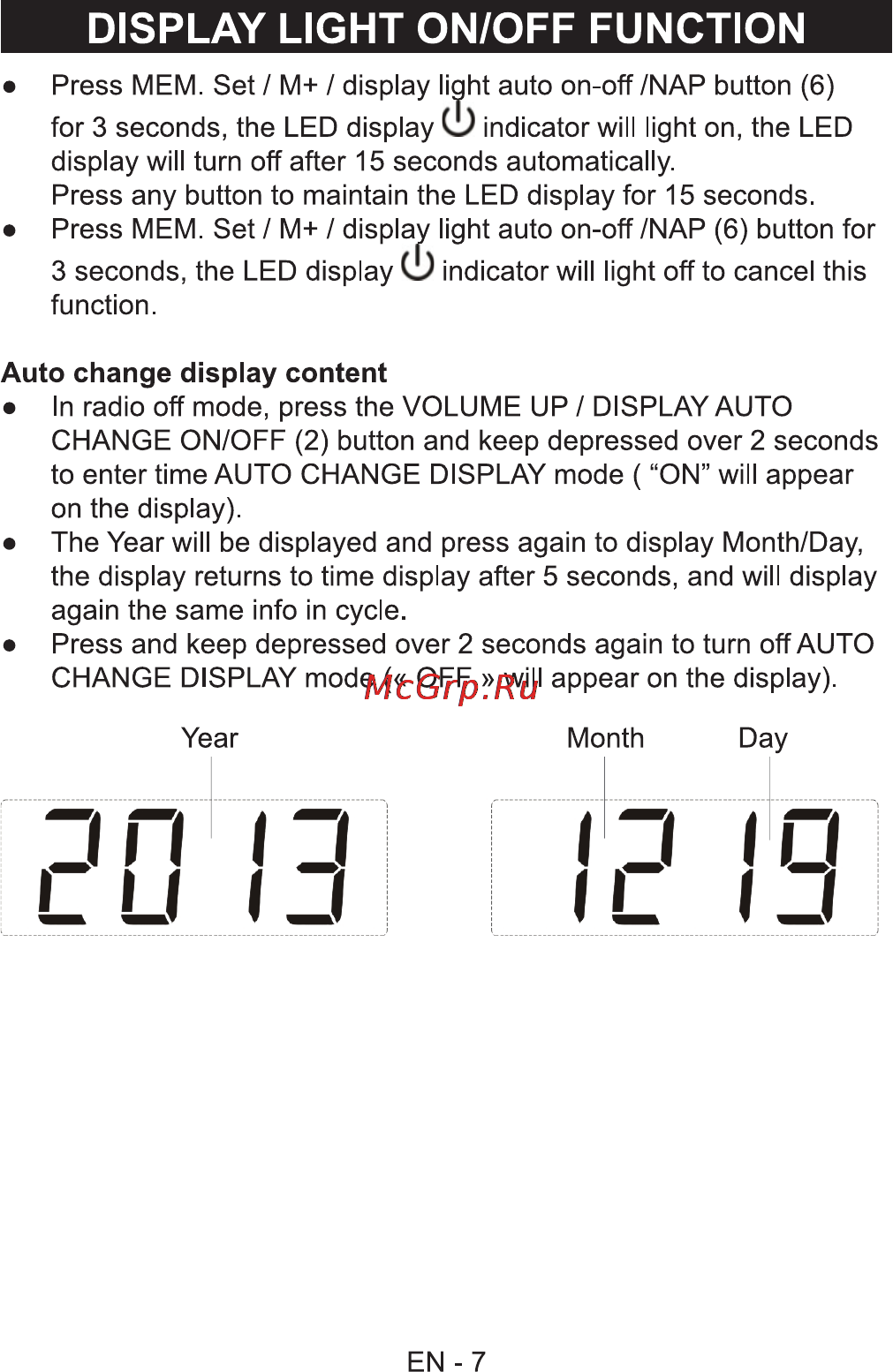 Sencor SRC 340 [9/14] Display light on off function