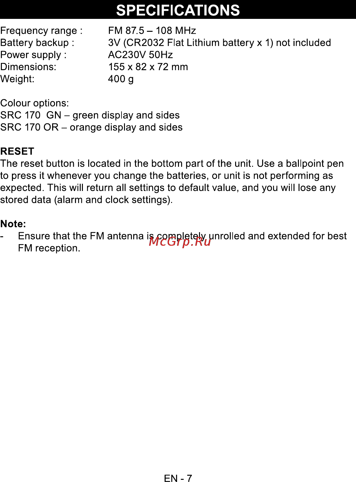 Sencor SRC 170 GN [9/12] Specifications