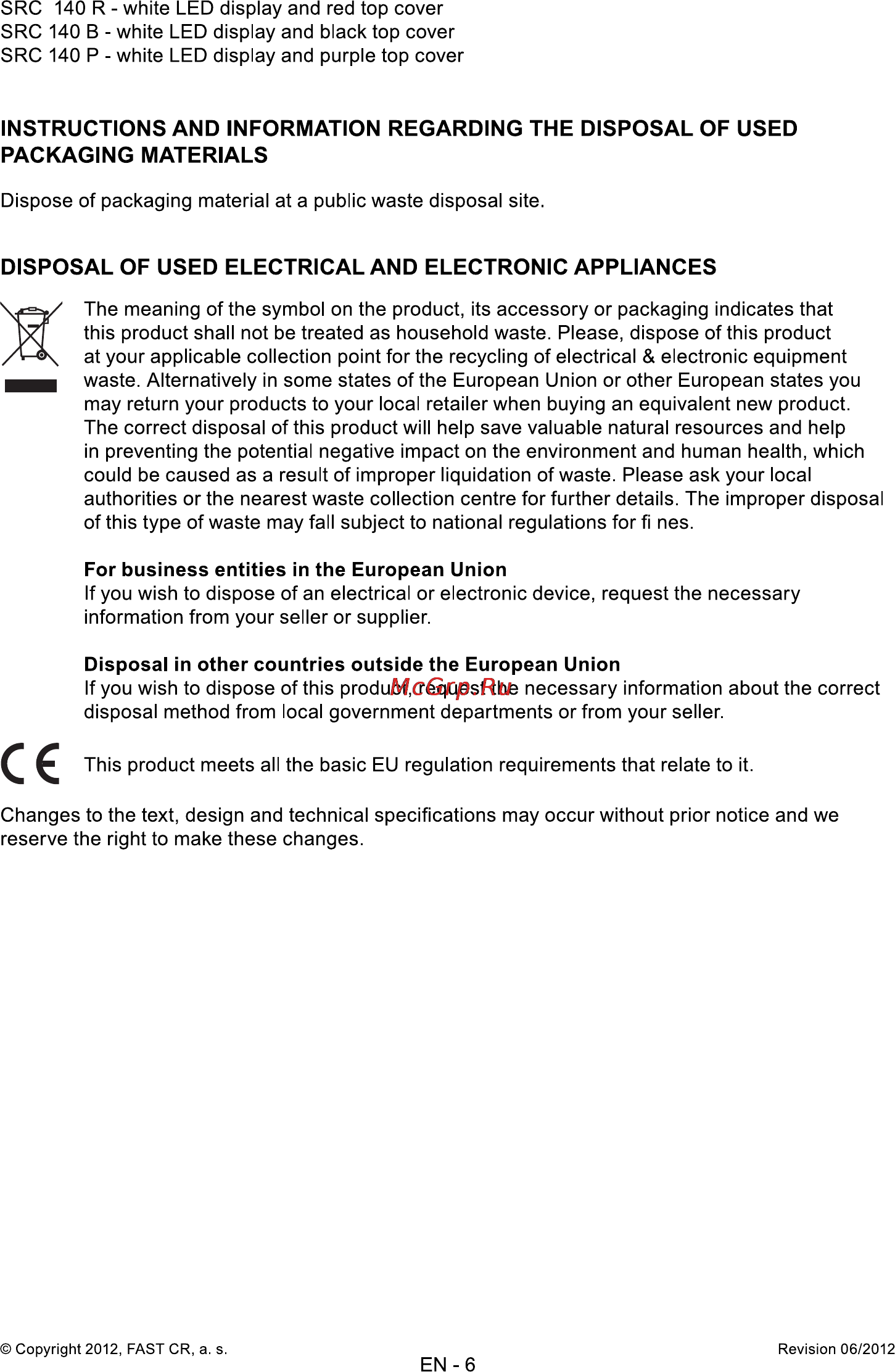 Sencor SRC 140 R [6/6] Disposal of used electrical and electronic appliances