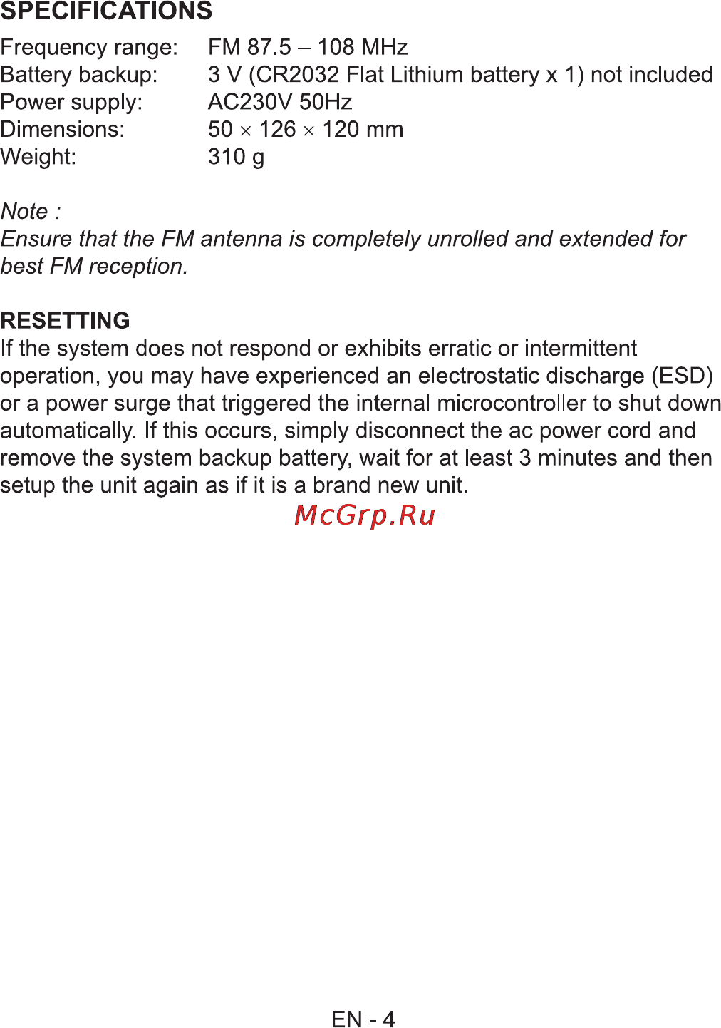 Sencor SRC 135 [6/8] Note ensure that the fm antenna is completely unrolled and extended for best fm reception