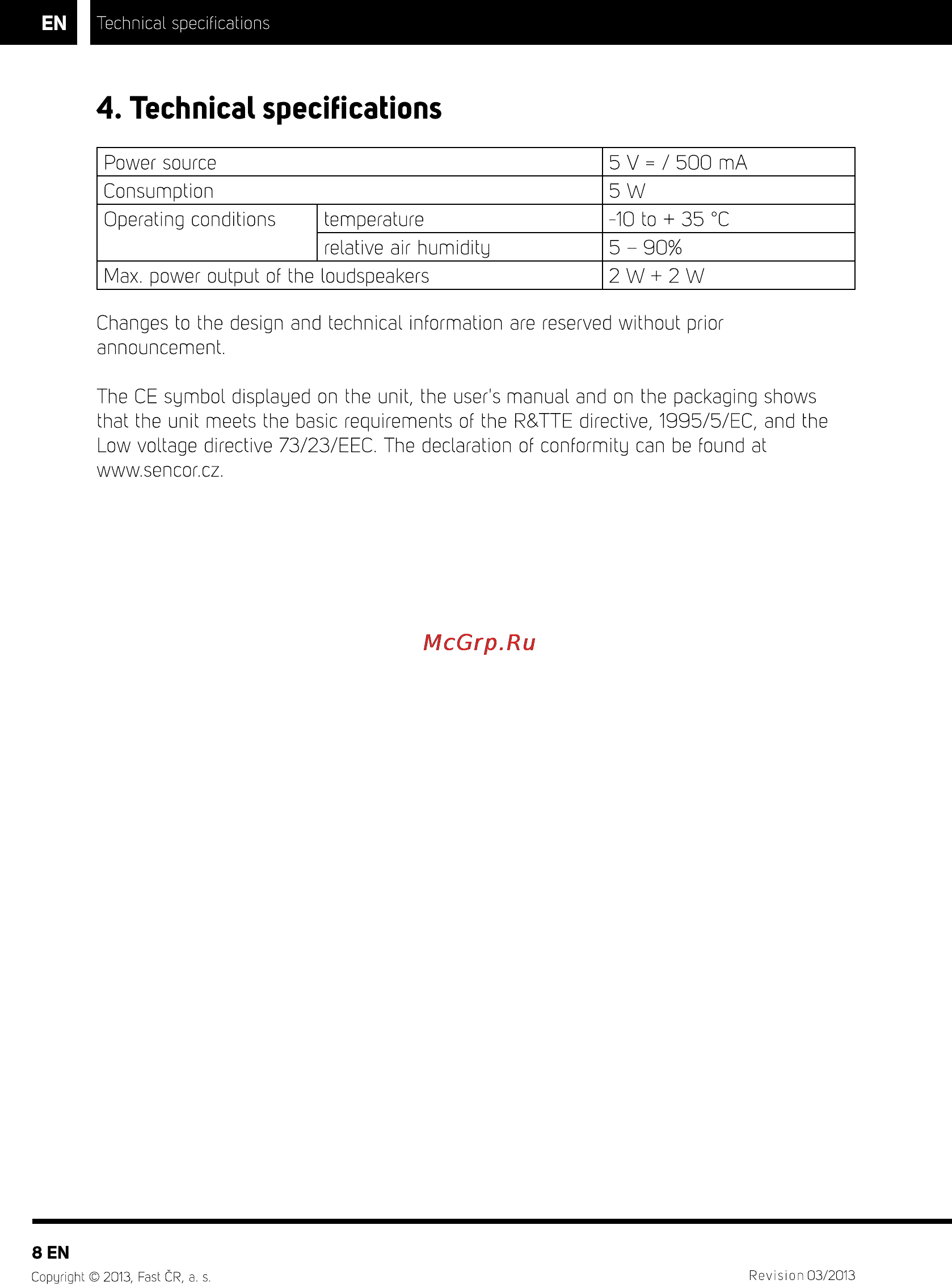 Sencor IMPERIAL BTS 100 [8/10] Technical specifications
