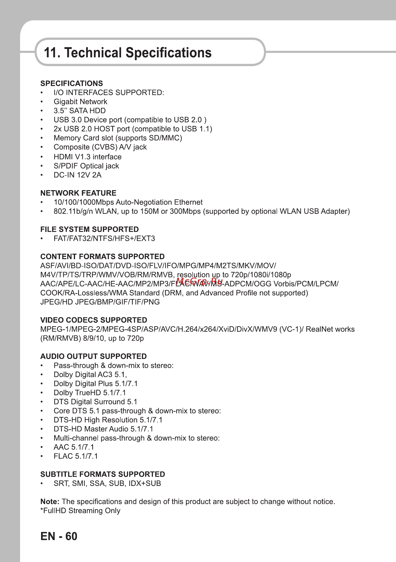 Sencor SMP 9000 [62/68] Technical specifications