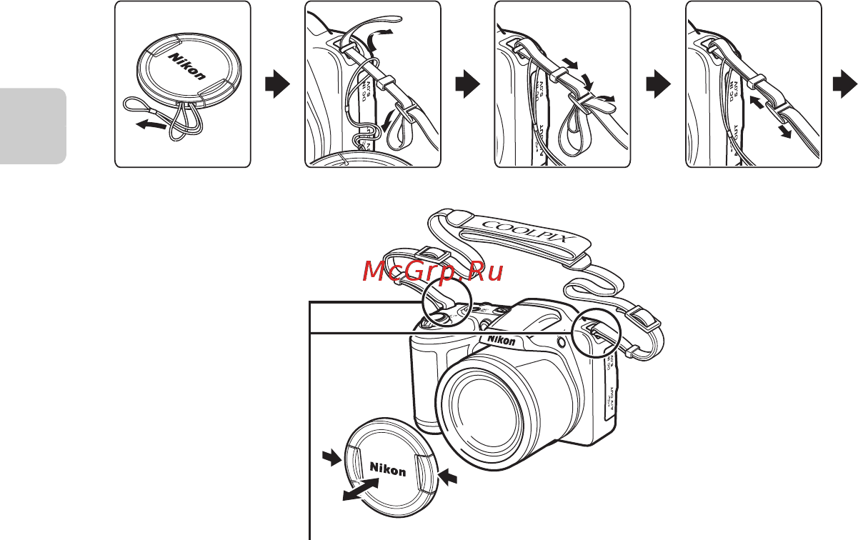 Nikon L320(EU) BK [24/204] Прикрепление ремня фотокамеры и крышки объектива