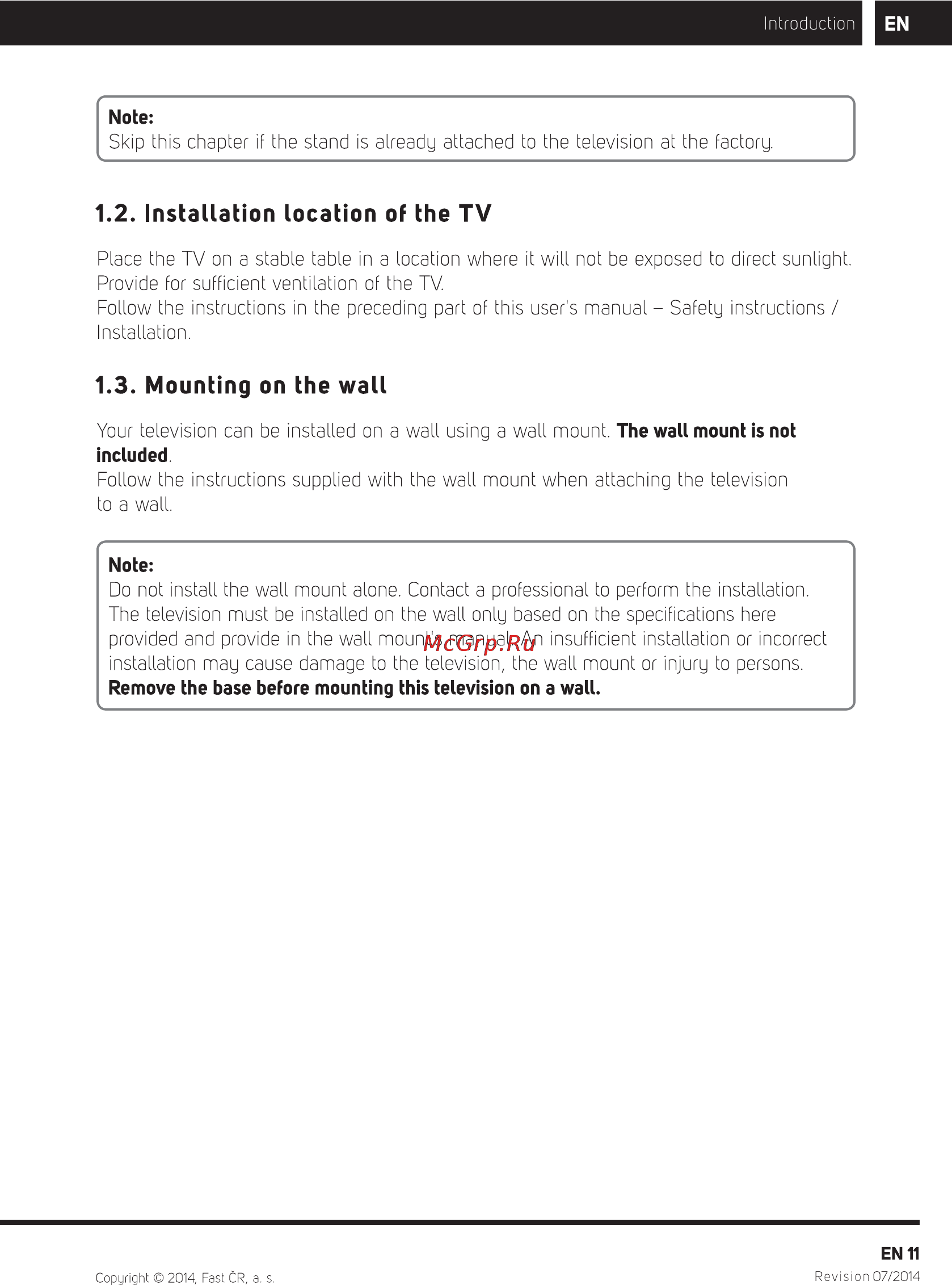 Sencor SLE 40F82M4 [13/52] Installation location of the tv