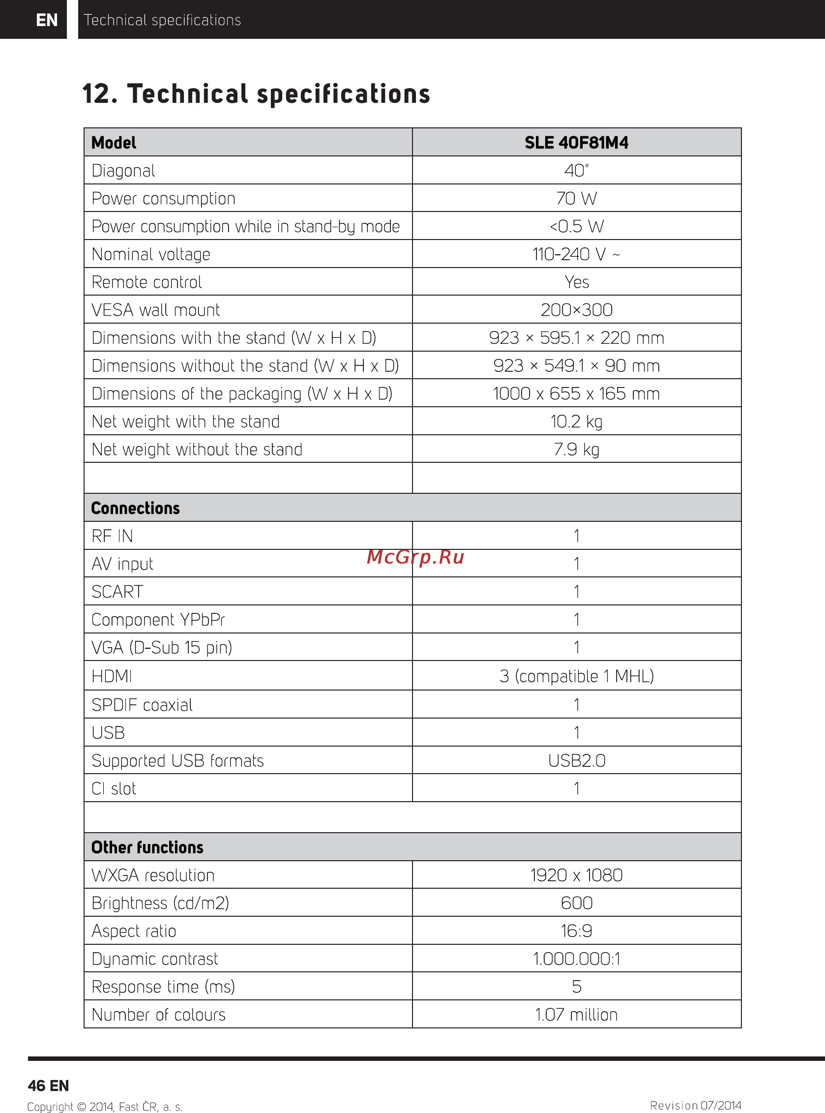 Sencor SLE 40F82M4 [48/52] Technical specifications