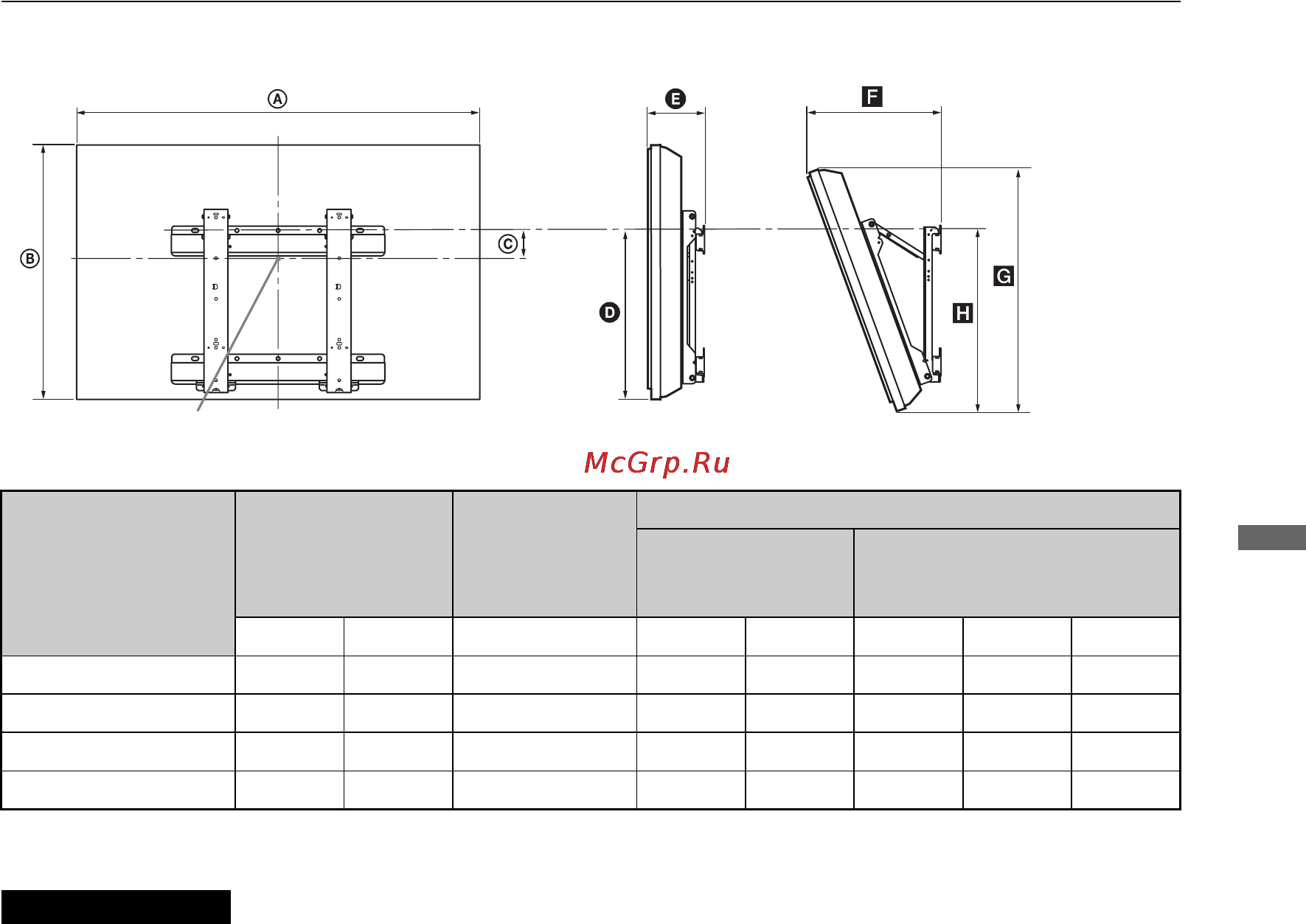 Sony BRAVIA KDL-46HX803 [15/86] Таблица установочных размеров телевизора
