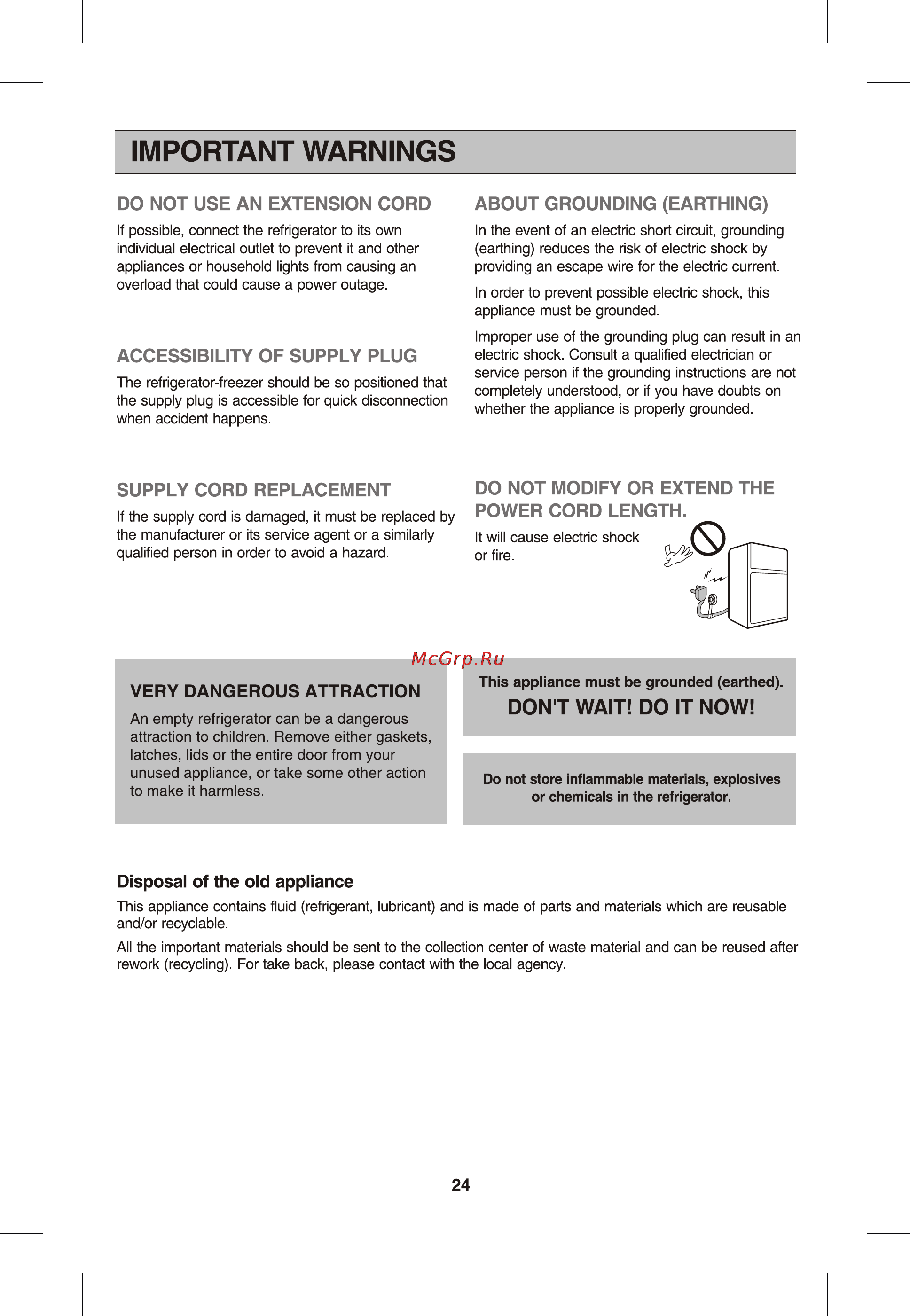 LG GR-B580YC [25/26] Important warnings