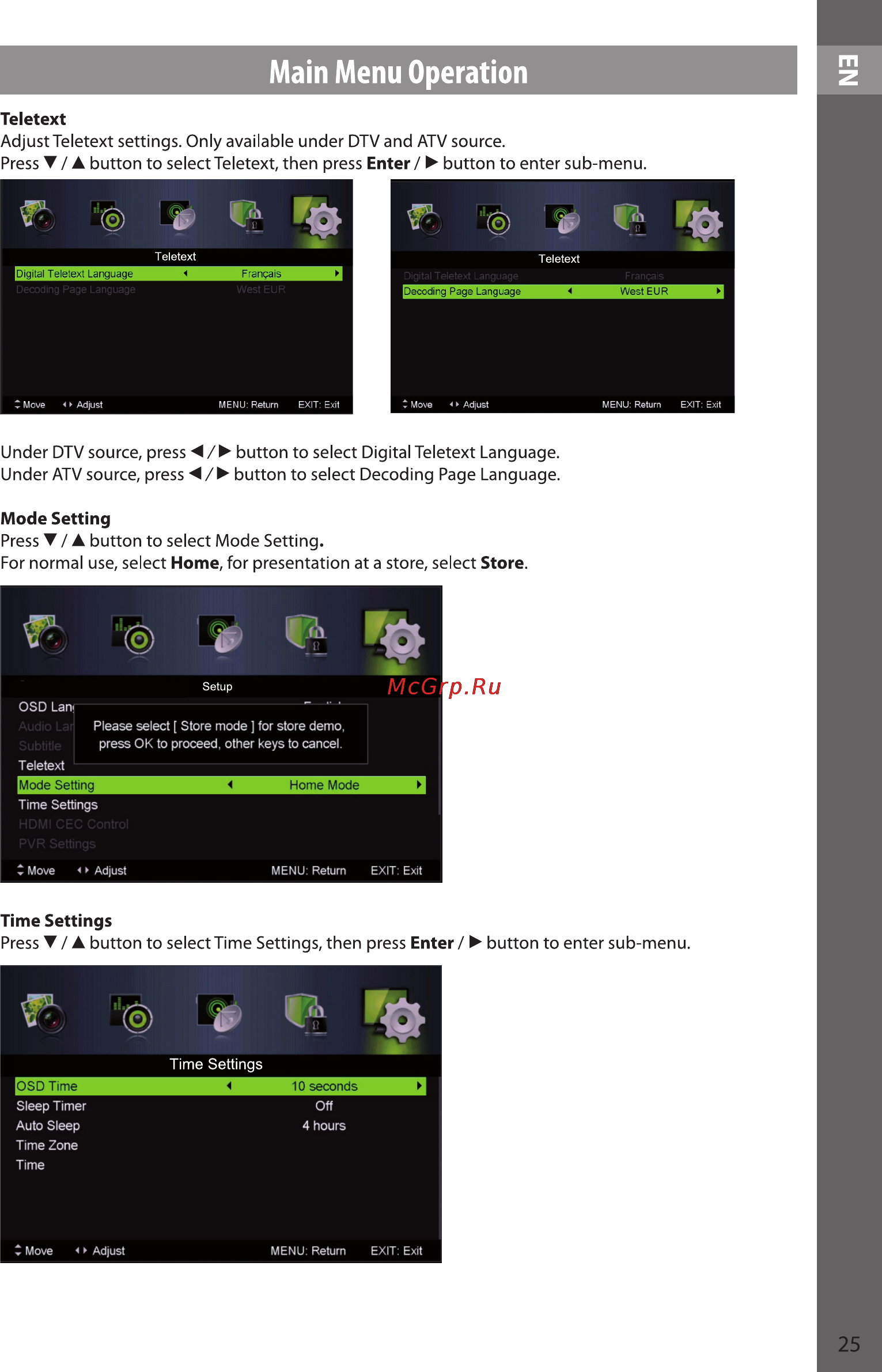 Sencor SLE 3210M4 [25/36] Time settings press button to select time settings then press enter button to enter sub menu