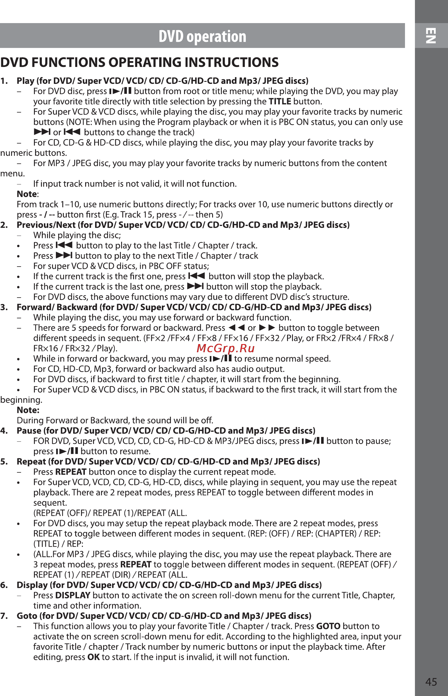 Sencor SLE 22F46DM4 [45/56] Dvd functions operating instructions