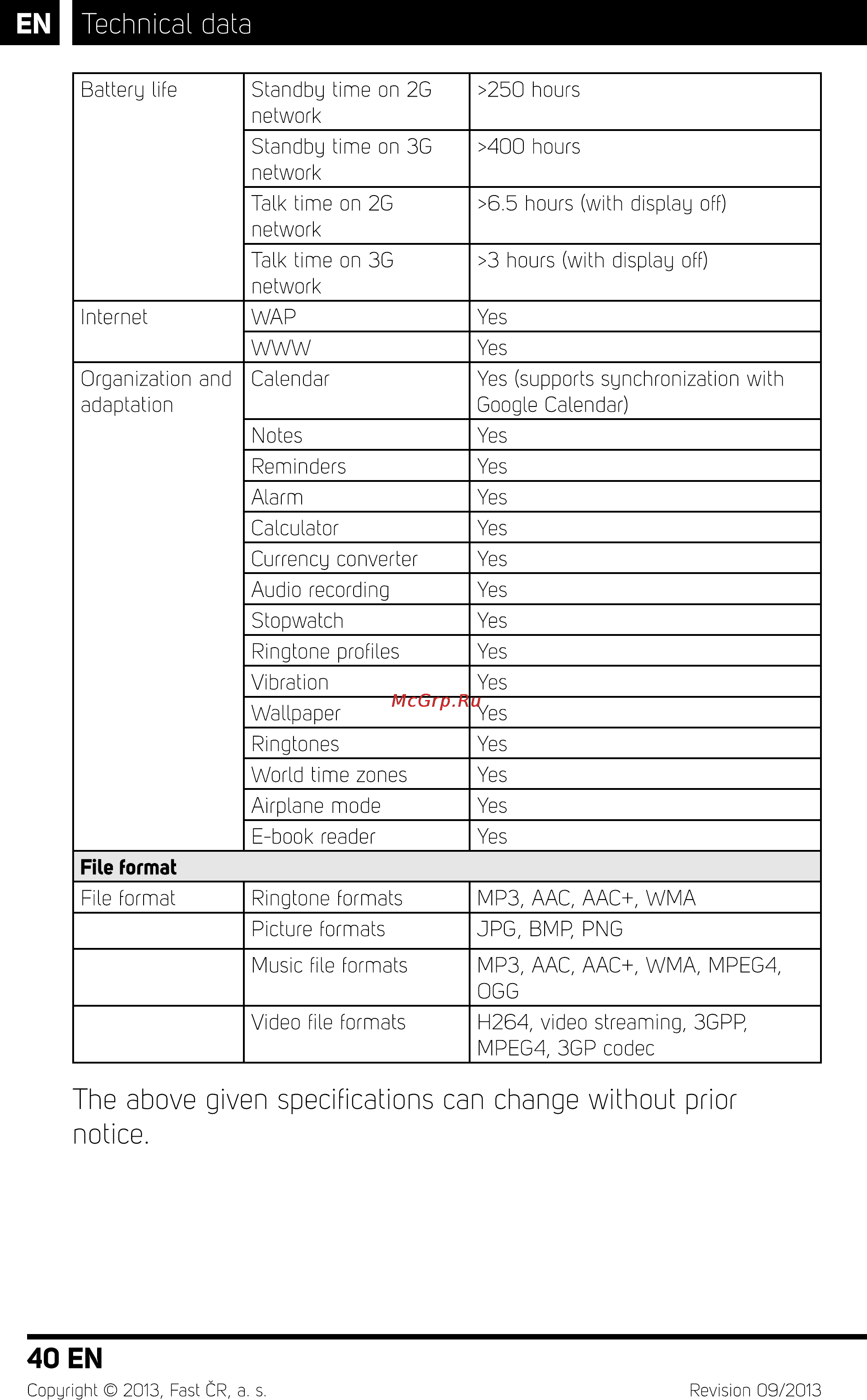 Sencor Element P500 White [42/48] Technical data