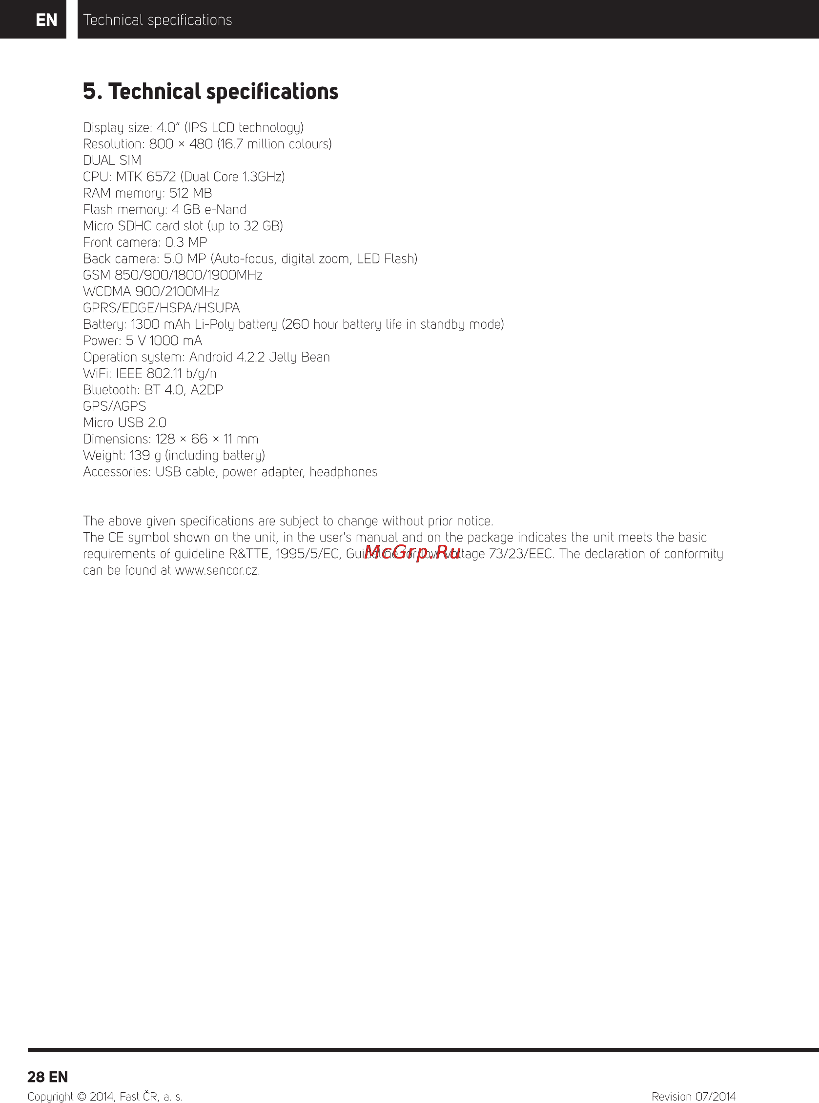Sencor Element P401 White [29/32] Technical specifications