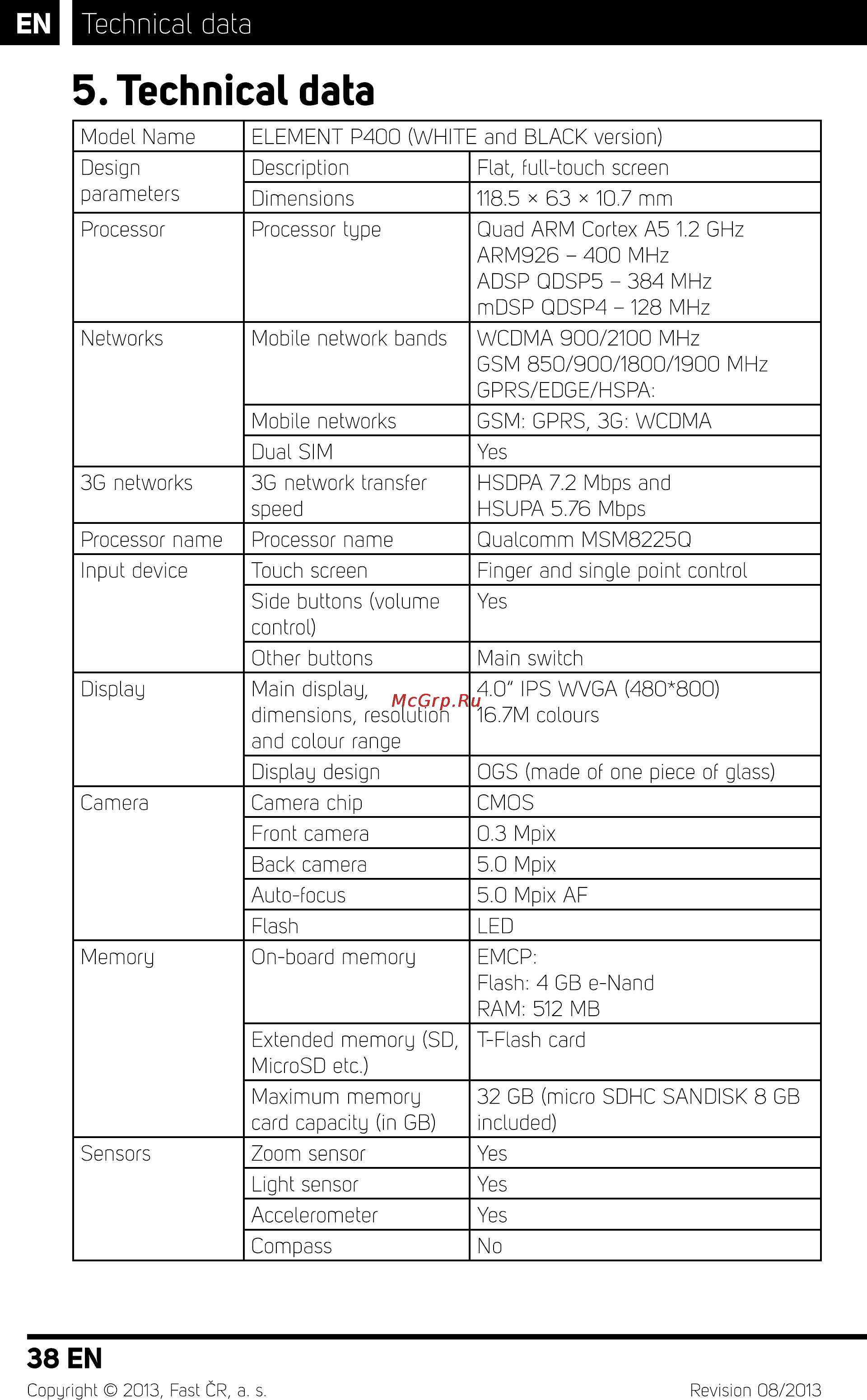Sencor Element P400 White [40/48] Technical data