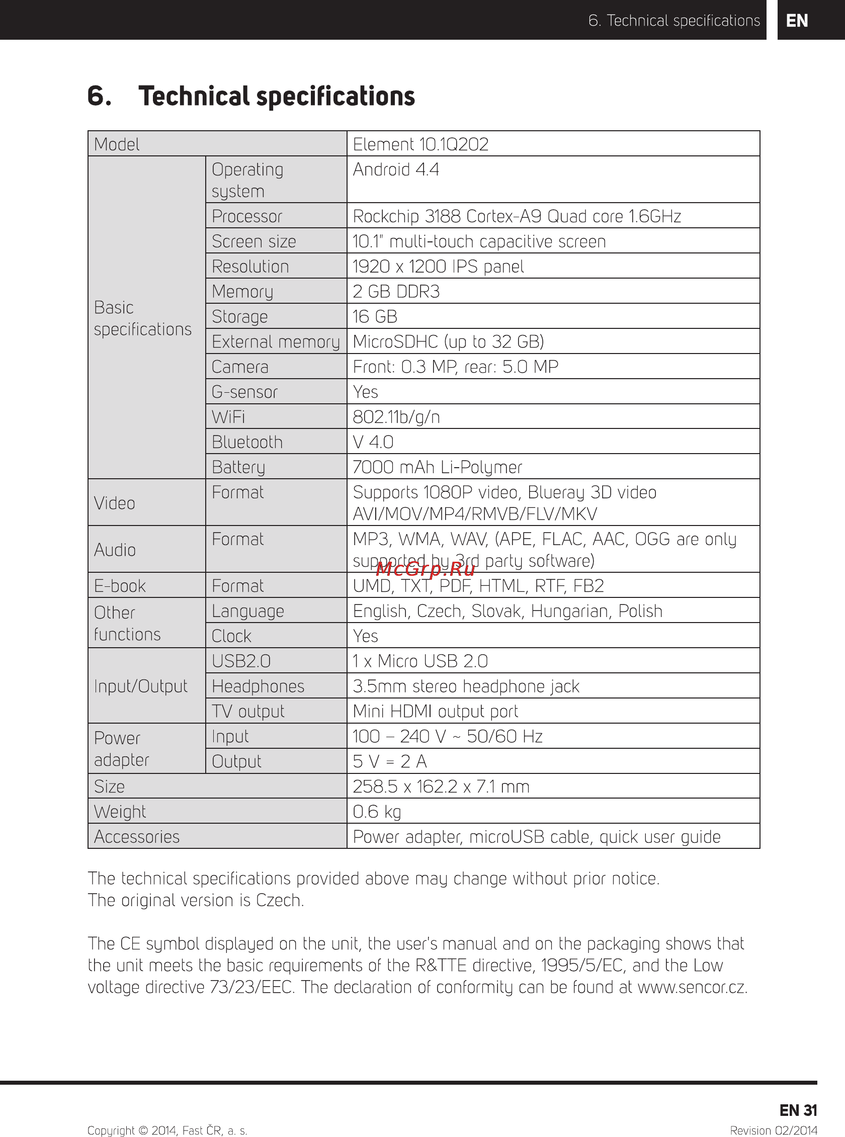 Sencor ELEMENT 10.1Q202 [33/36] Technical spécifications