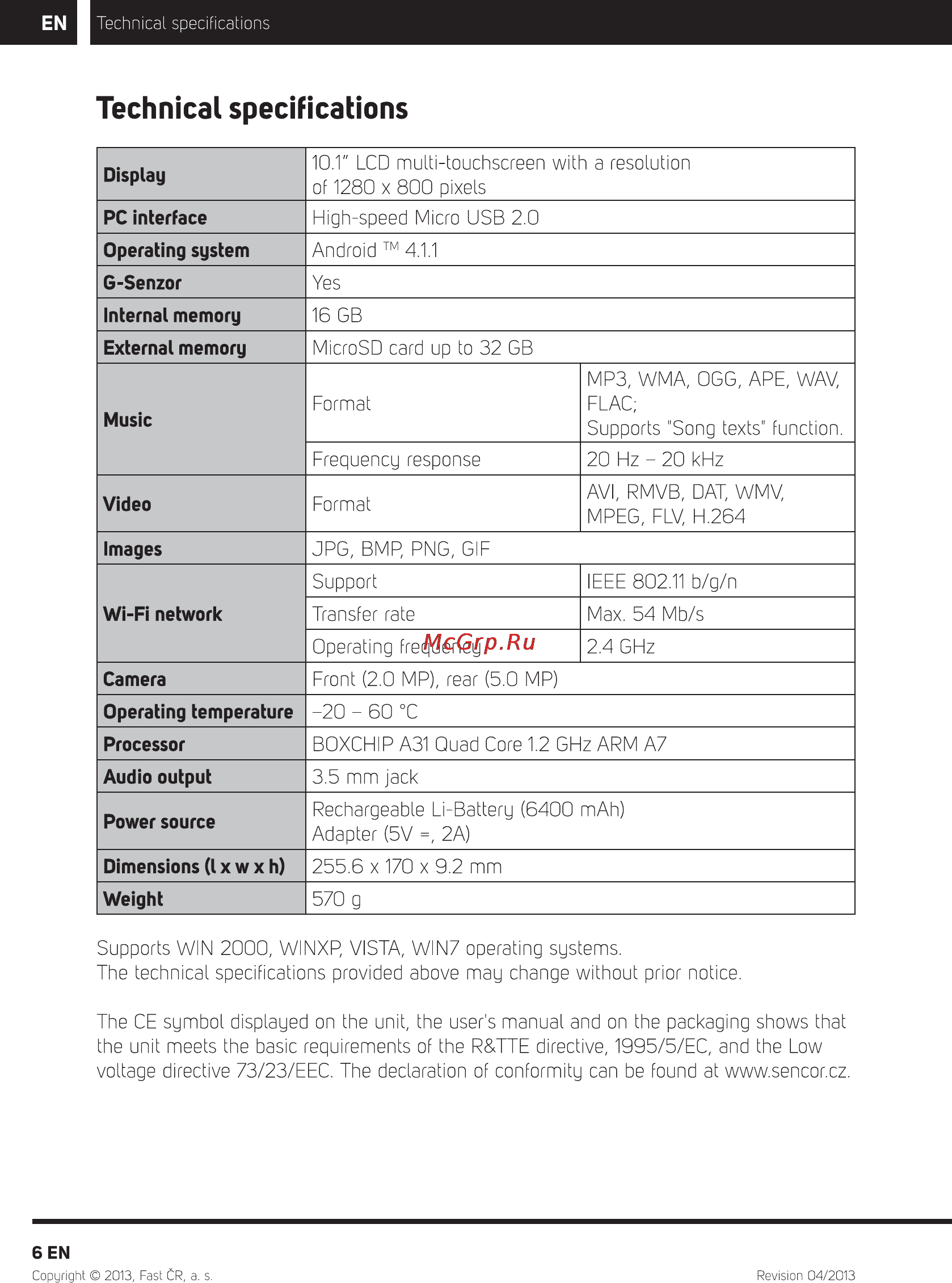 Sencor ELEMENT 10.1Q201 [8/10] Technical specifications