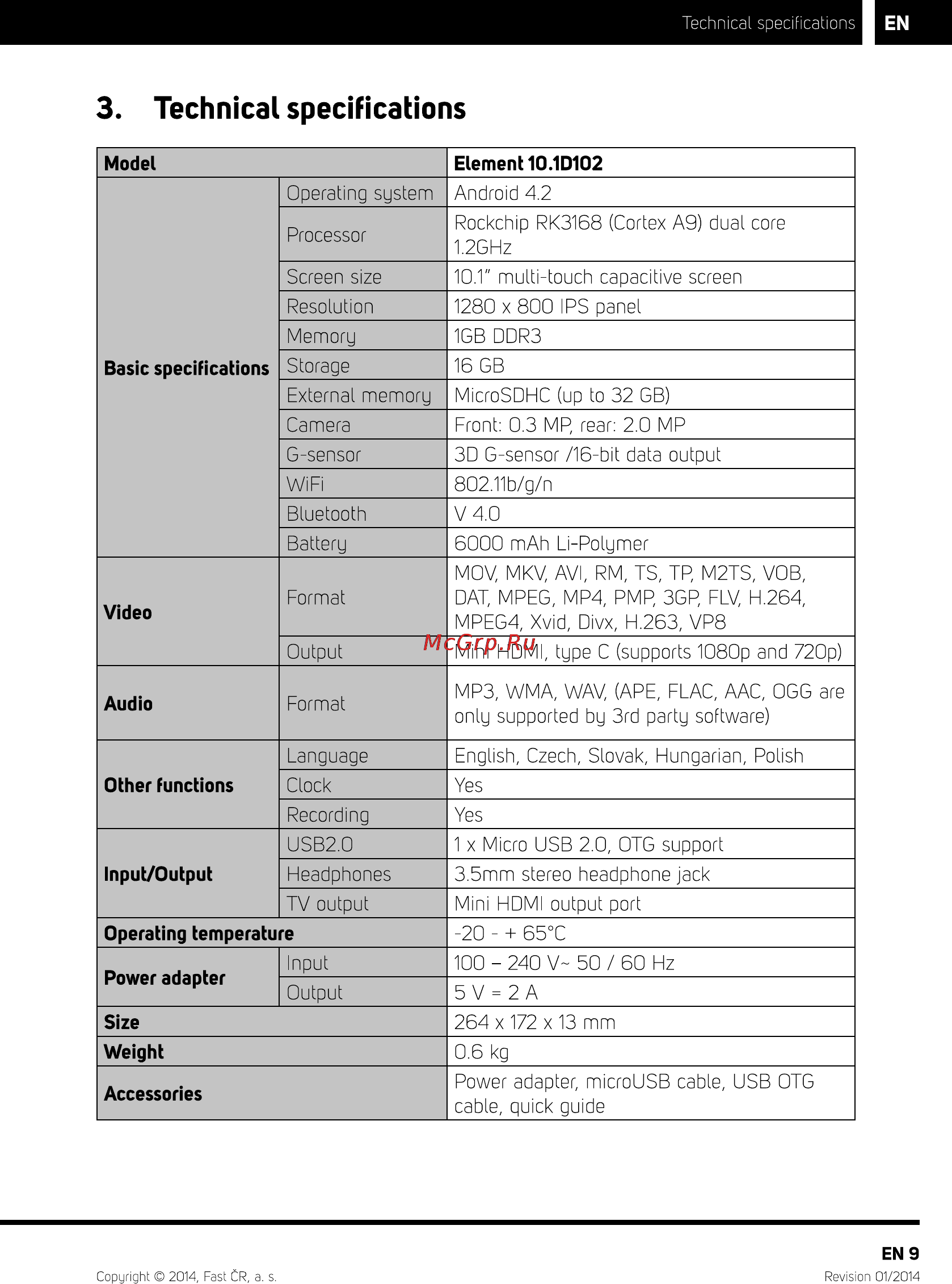 Sencor ELEMENT 10.1D102 [11/14] Technical specifications