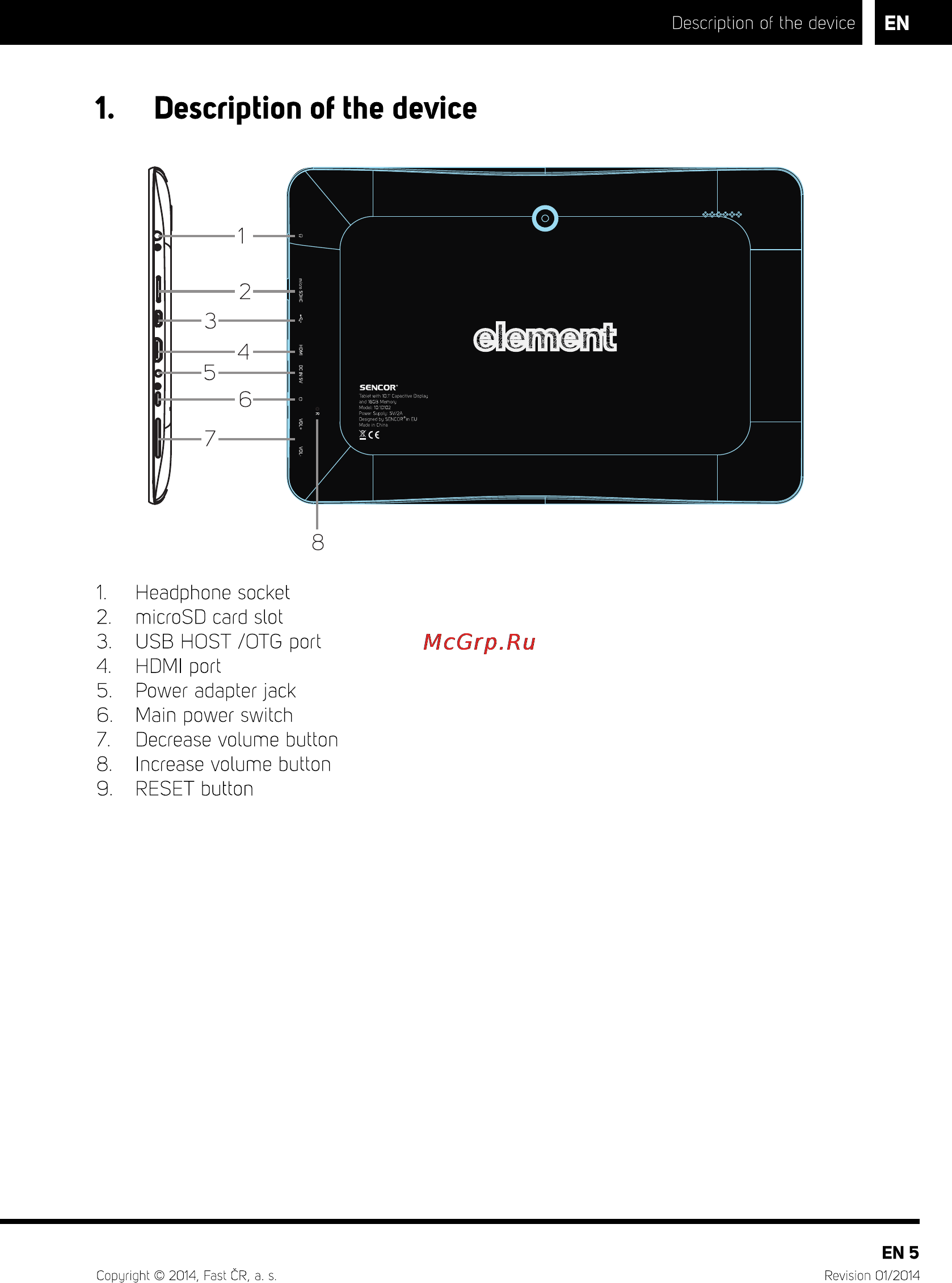 Sencor ELEMENT 10.1D102 [7/14] Description of the device