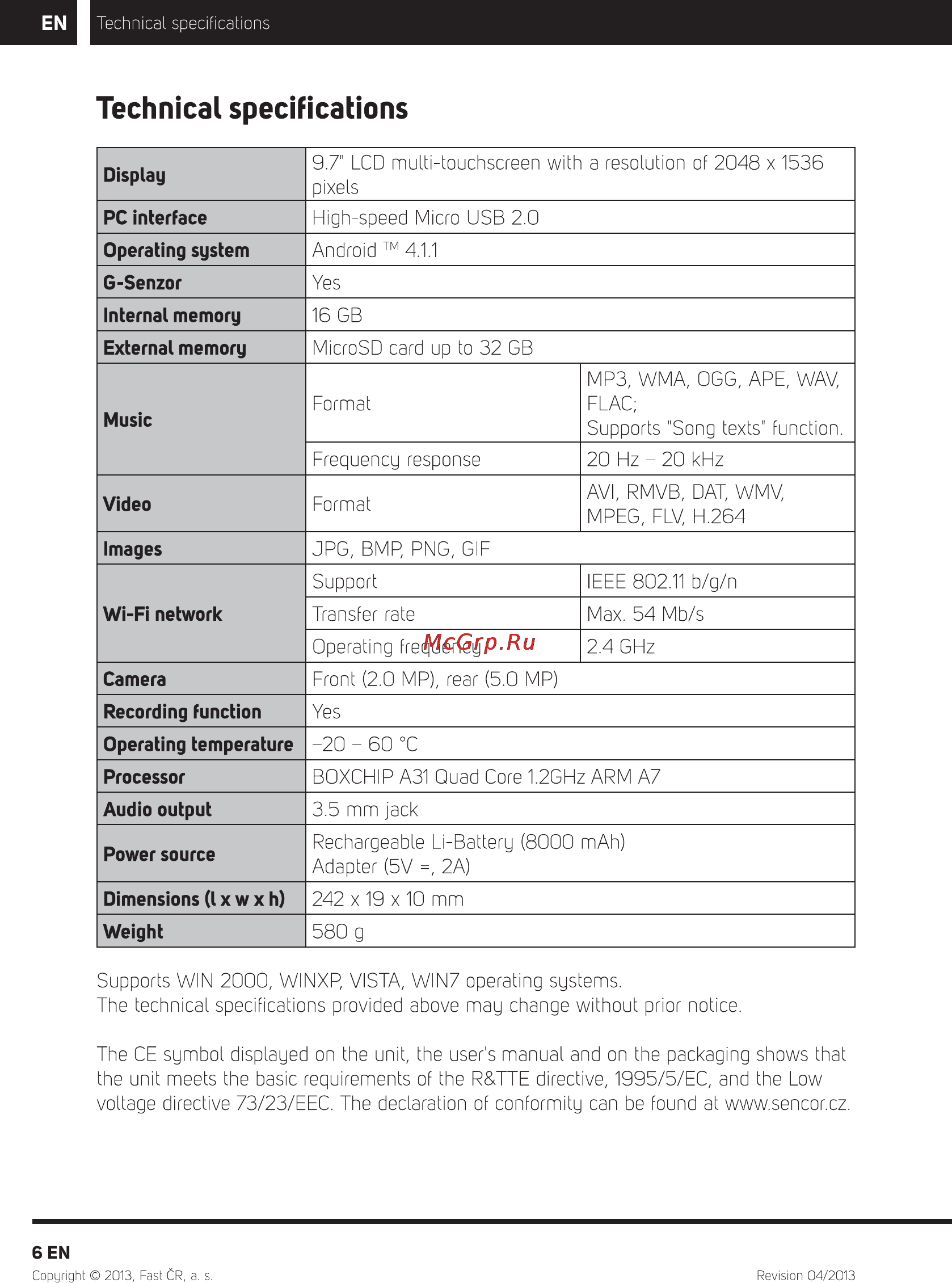 Sencor ELEMENT 9.7Q201 [8/10] Technical specifications