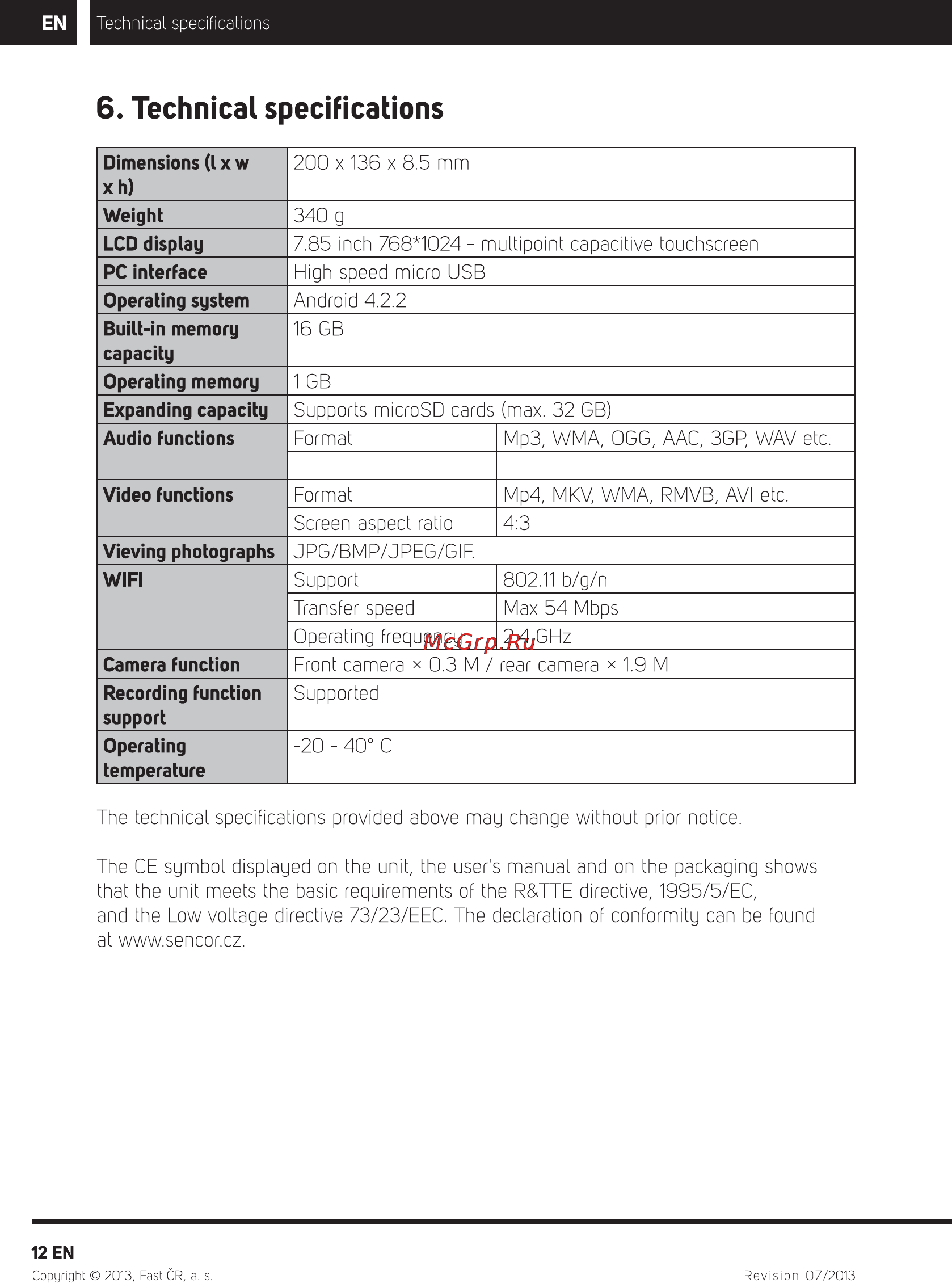 Sencor ELEMENT 7.85Q101 [14/17] Technical specifications