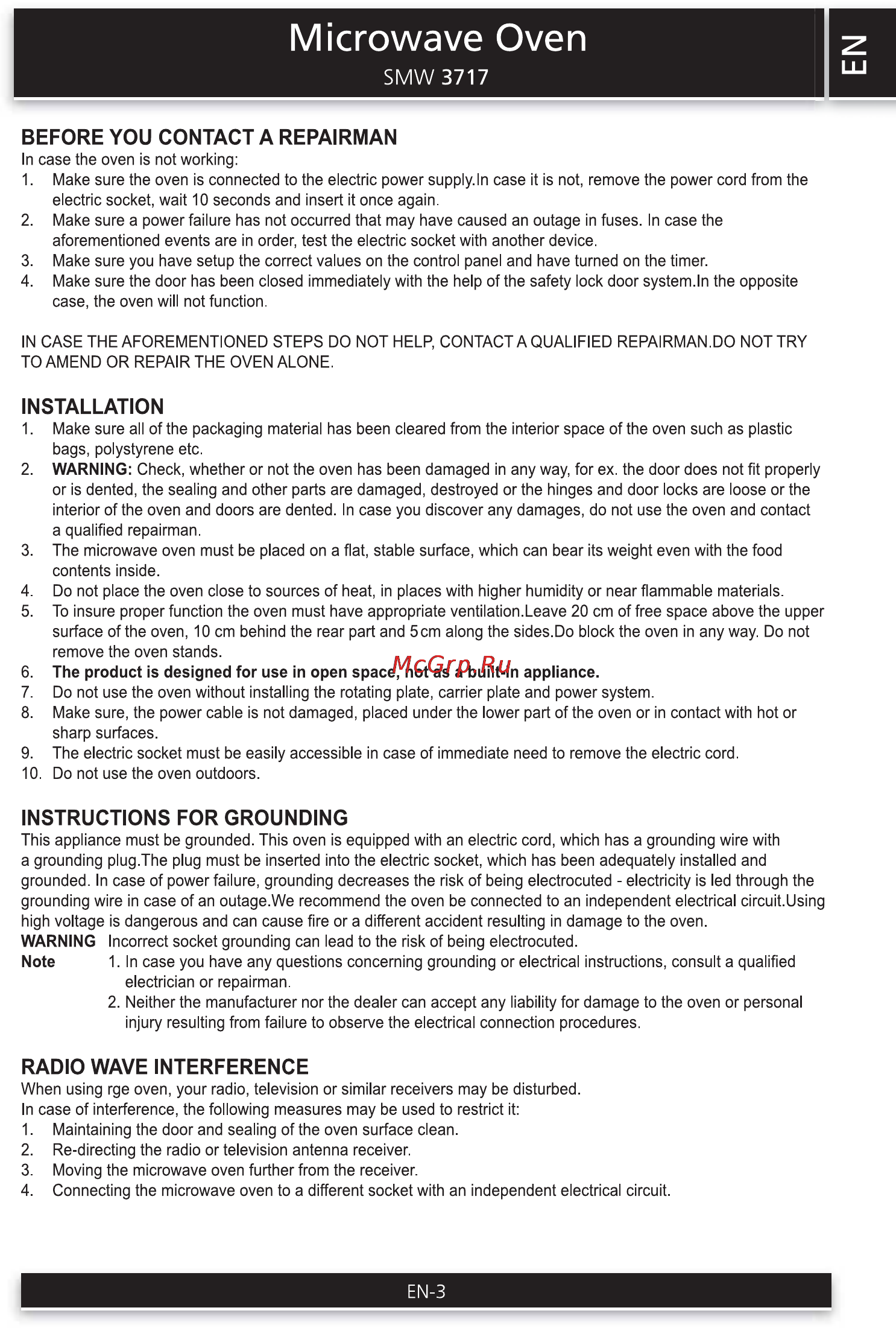 Sencor SMW 3717 [3/10] Instructions for grounding