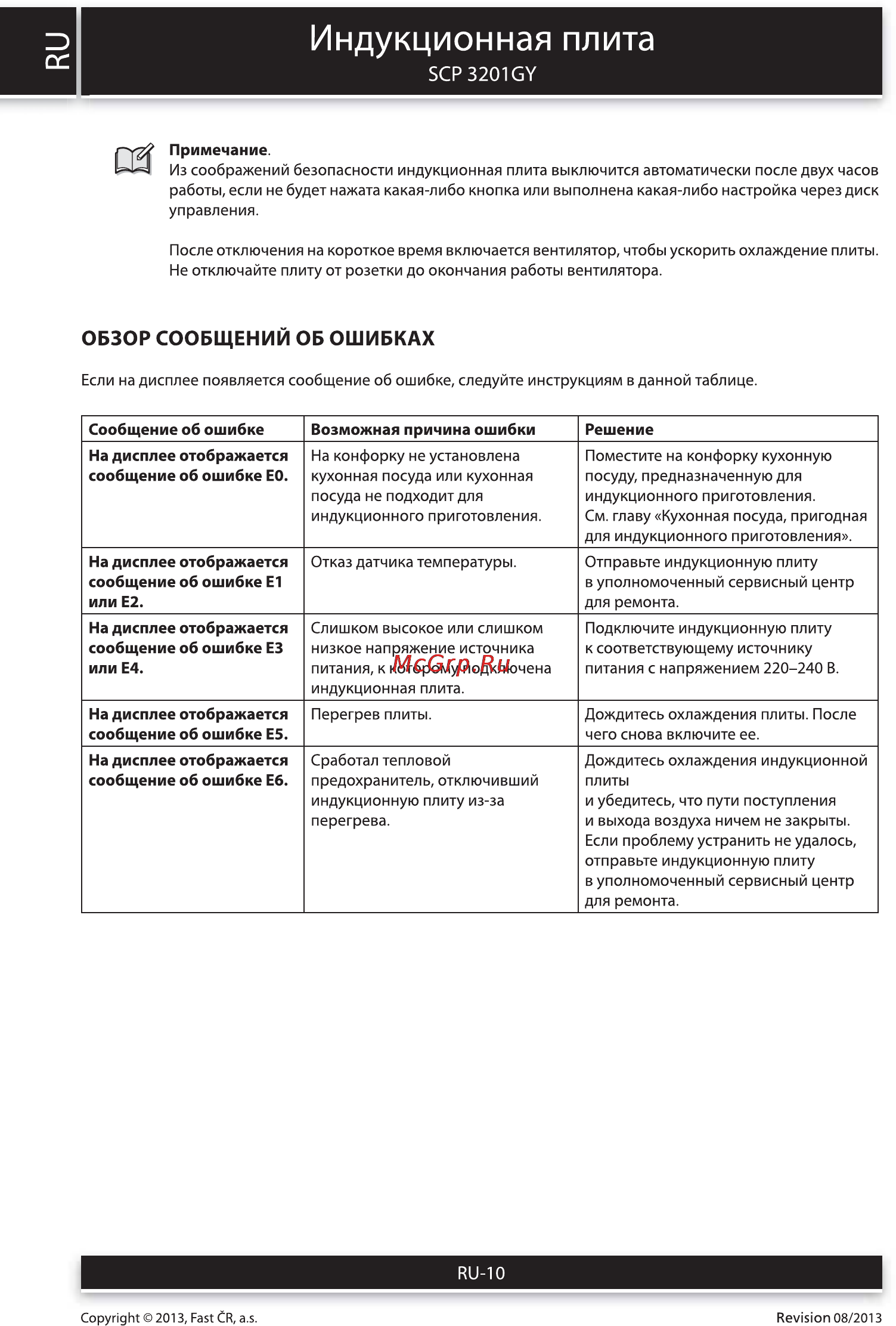 Sencor SCP 3201GY [10/12] Обзор сообщений об ошибках