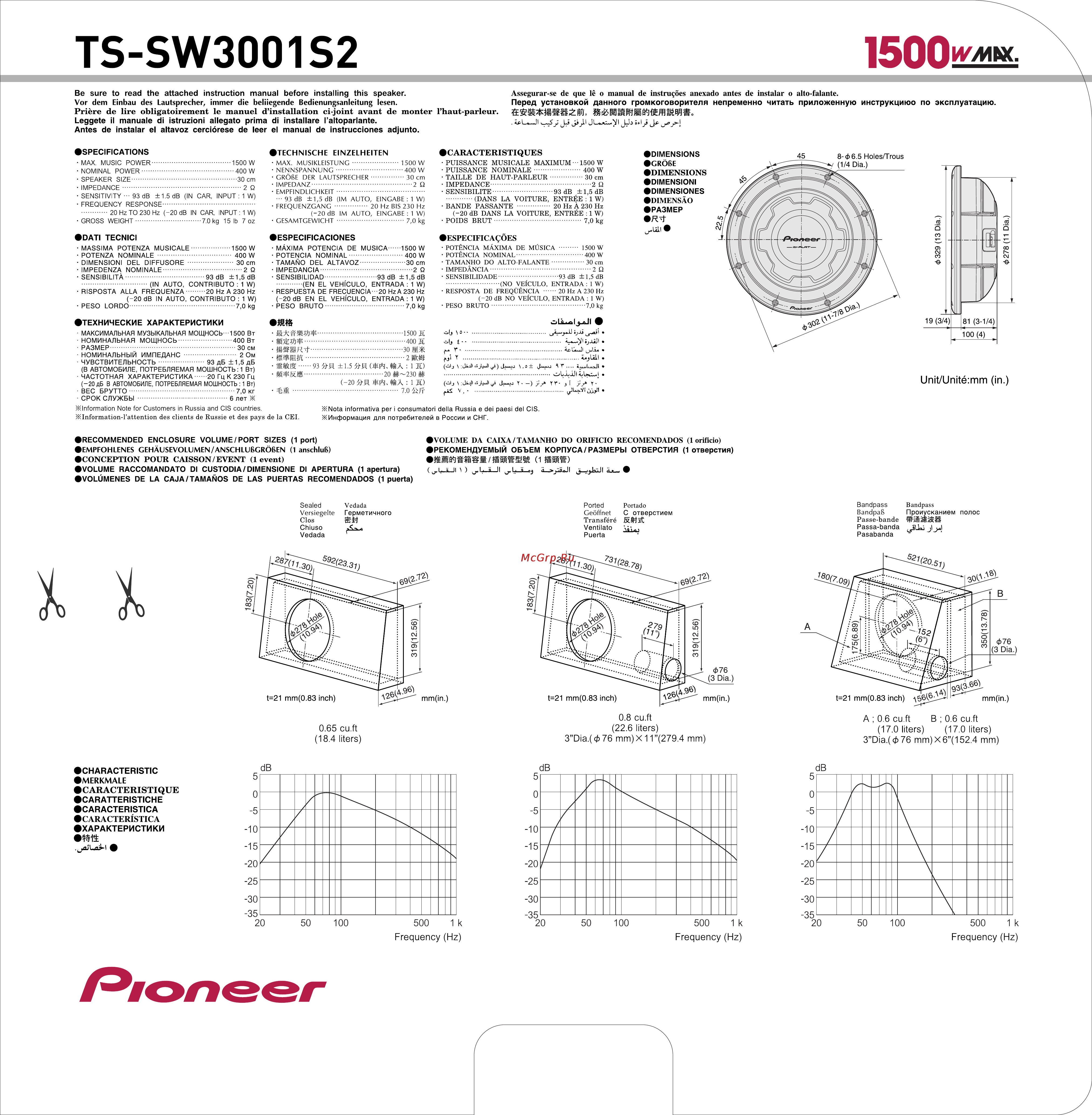 Pioneer TS-SW3001S4 [6/7] Технические характеристики