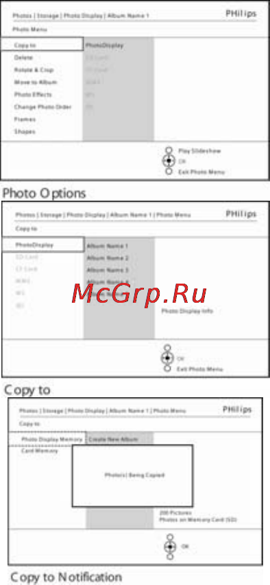 Philips 9FF2CWO [16/60] Внимание внимание не вынимайте карту памяти до исчезновения экрана копирования и завершения процесса примечание при считывании с карты памяти например карты sd в photoframe могут отображаться две папки папка пк и папка камеры папка пк это комбинация всех изображений которые копируются с пк на карту памяти распознаются только файлы в формате jpeg папка камера это совокупность всех изображений камеры при появлении предупреждающего сообщения о нехватке памяти вам может понадобится удаление уже сохраненных фотографий перед продолжением копирования примечание поддерживаются только файлы в формате jpeg поддиректории не поддерживаются количество фотографий в этой директории может быть ограничено внутренней памятью photoframe поэтому настоятельно рекомендуется разместить фотографии на карте памяти и копировать фотографии на photoframe уже оттуда