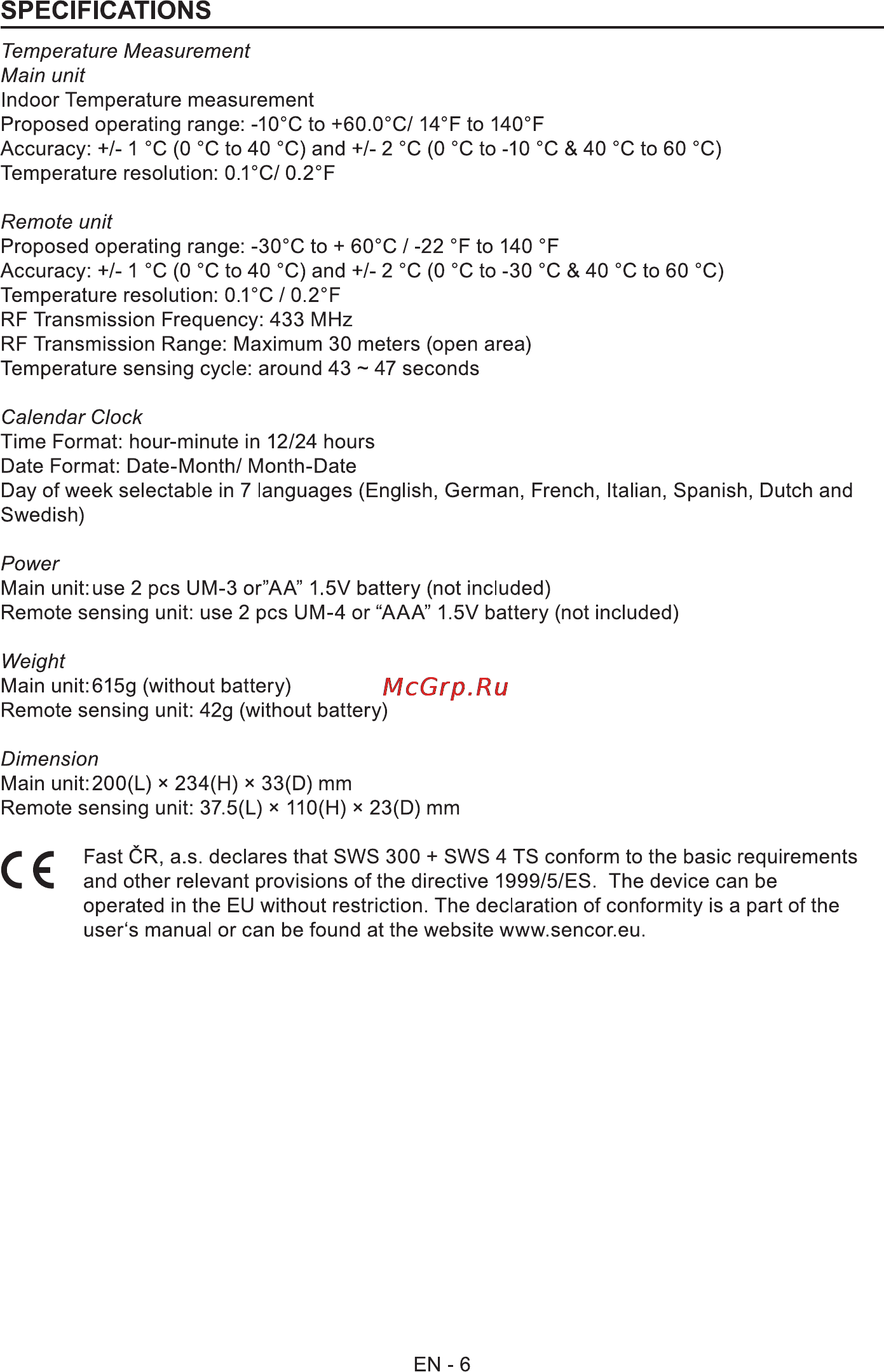 Sencor SWS 300 [7/8] Specifications