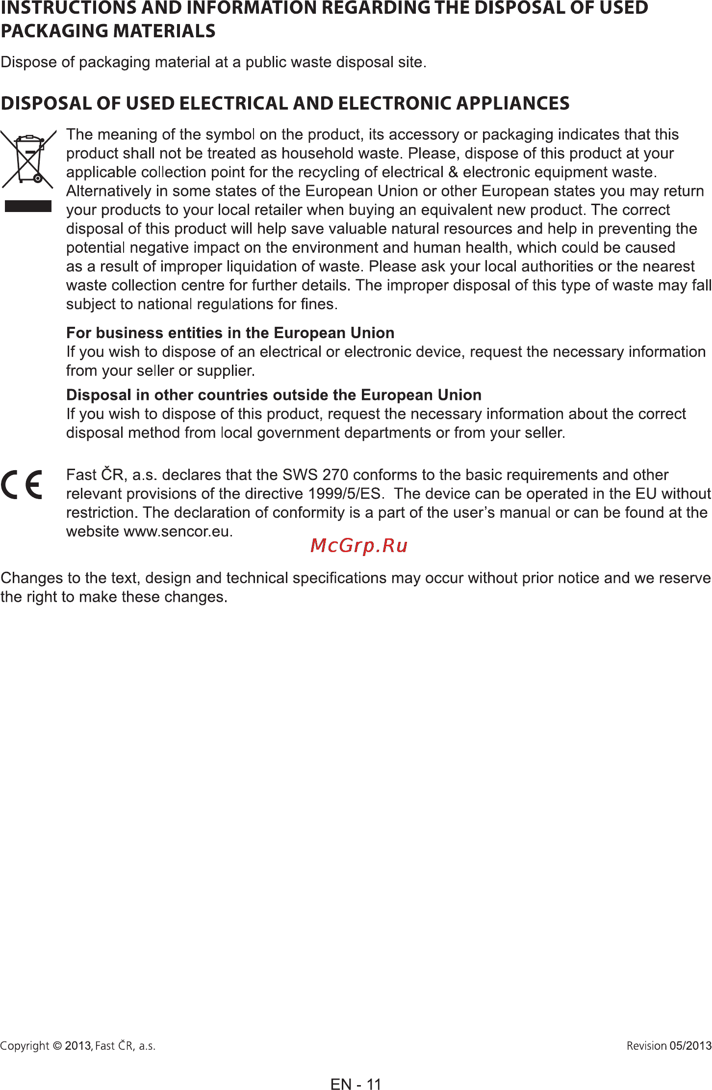 Sencor SWS 270 [13/14] Disposal of used electrical and electronic appliances