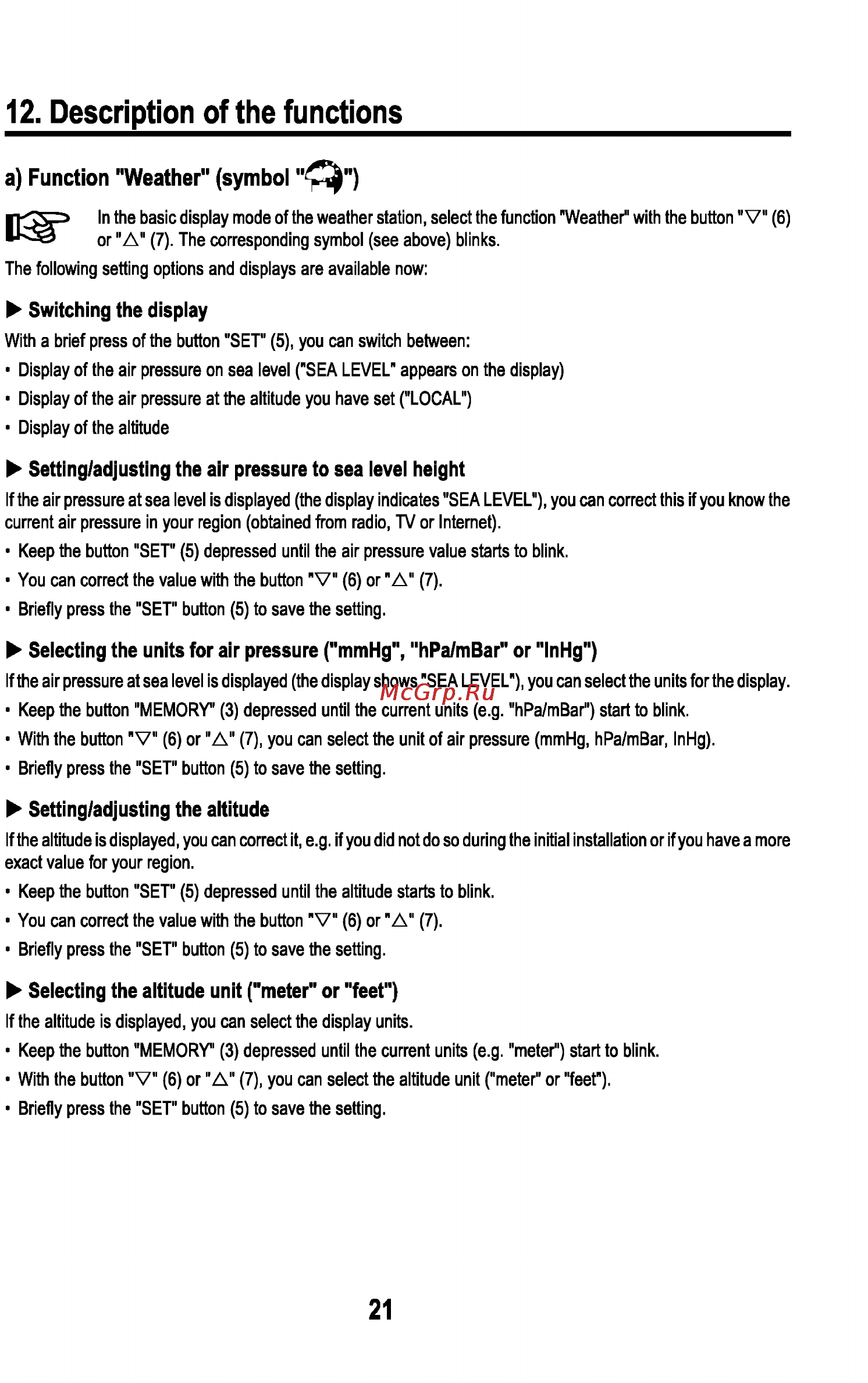 Sencor SWS 180 USB [23/48] Selecting the units for air pressure mmhg hpa mbar or inhg