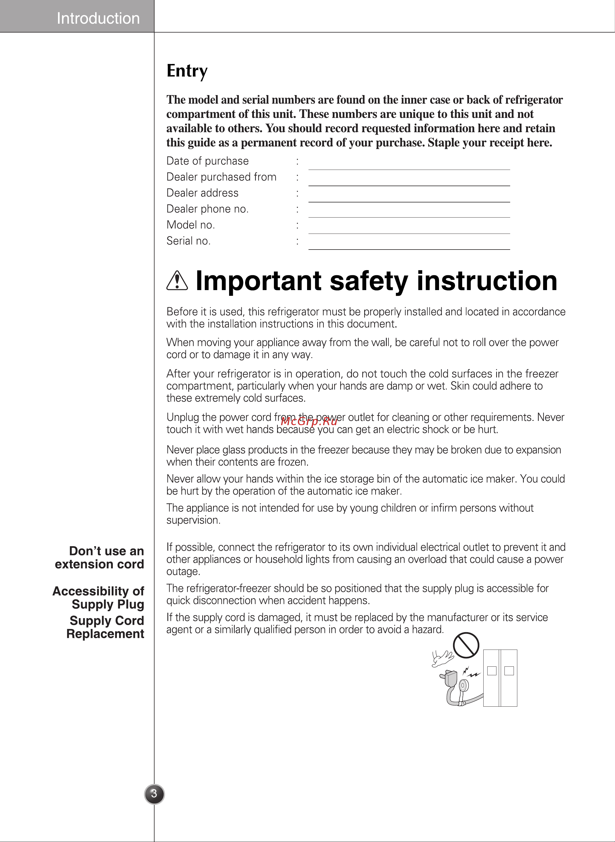 LG GR-B207FLCA [3/71] W important safety instruction