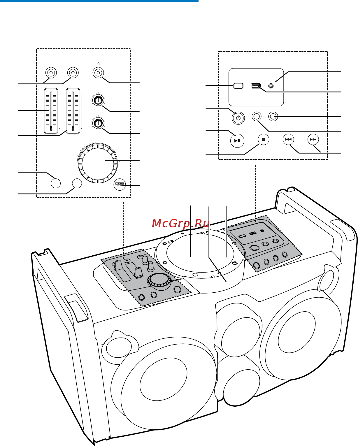 Philips FWP2000 [8/26] B bass настройка уровня низких частот подключенного микрофона диапазон 5 до 5