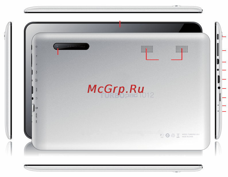 Turbo Pad 1012 [5/29] Кнопка reset 2 порт mini hdmi 3 порт micro usb 4 кнопка power 5 разъем для зарядного устройства 6 слот для карты памяти micro sd 7 3 5 мм разъем для наушников 8 кнопки увеличения уменьшения громкости 9 микрофон 10 фронтальная и тыловая камеры 11 динамики