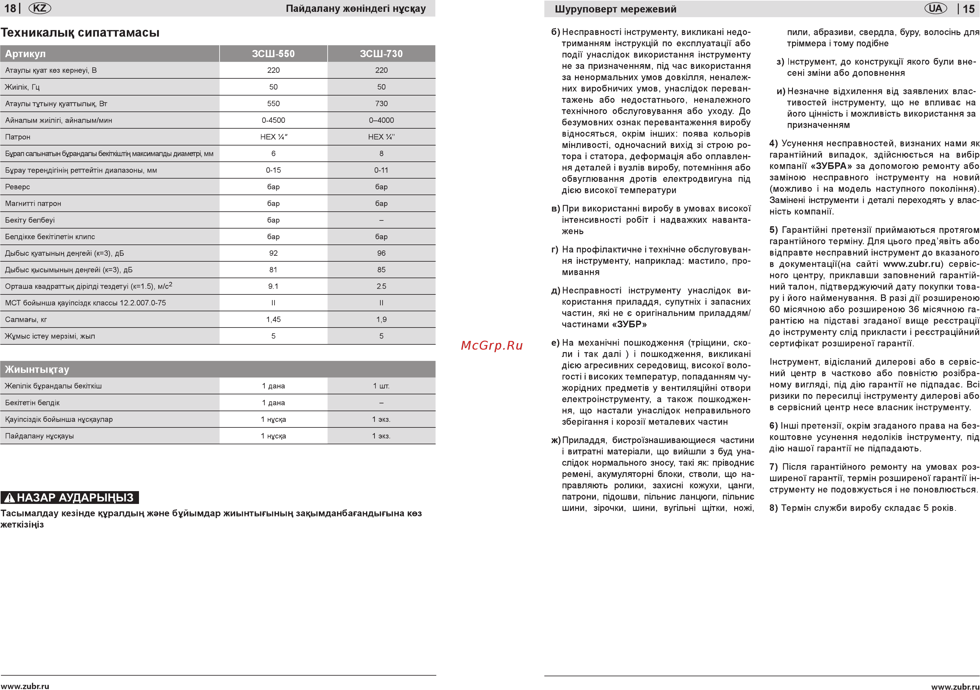 Зубр ЗСШ-550 [15/16] Техникалыц сипаттамасы