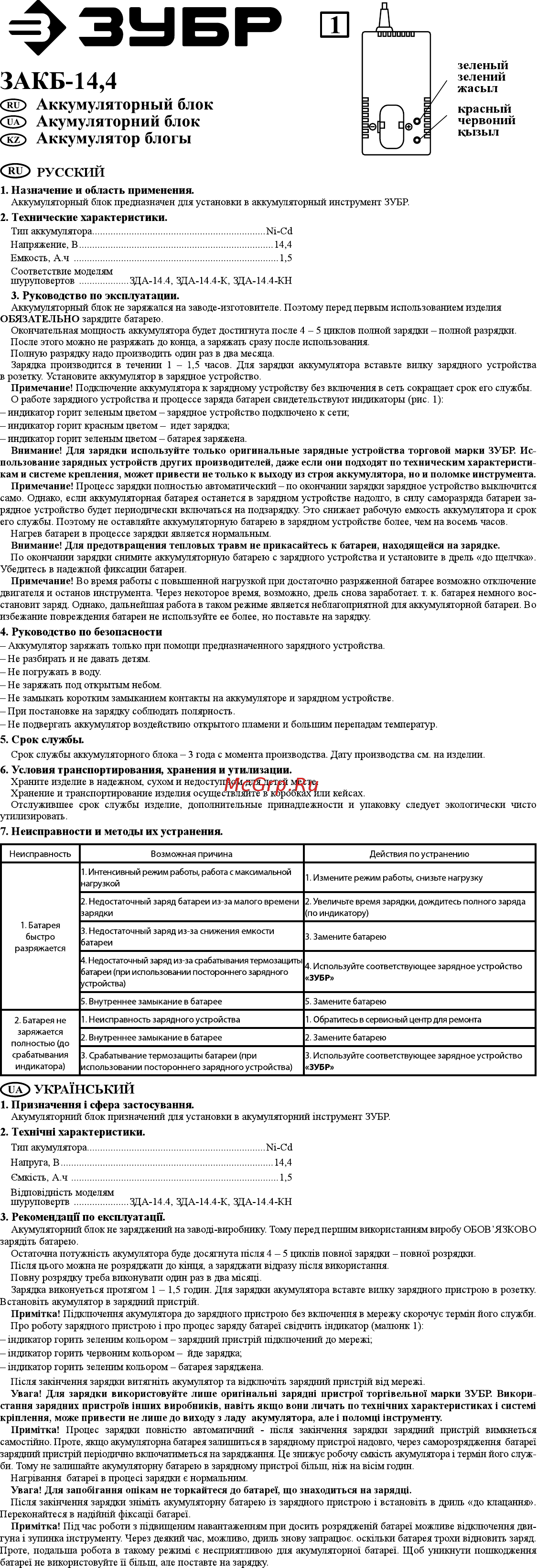 Зубр 14.4В 1.5Ач NiCd (ЗАКБ-14.4) Инструкция по эксплуатации онлайн