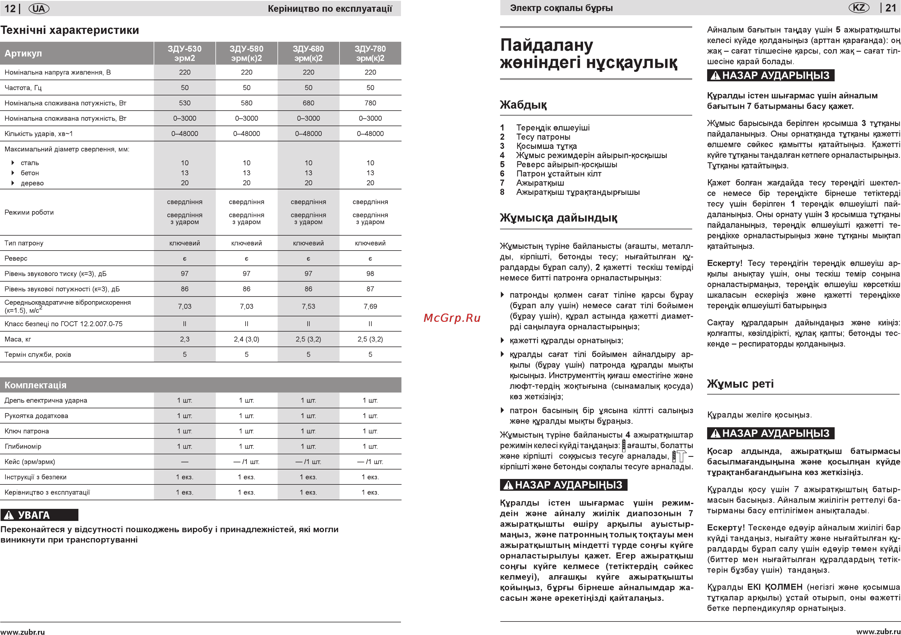 Зубр ЗДУ-580 ЭРМ2 [12/16] Пайдалану жен идеи нусцаульщ
