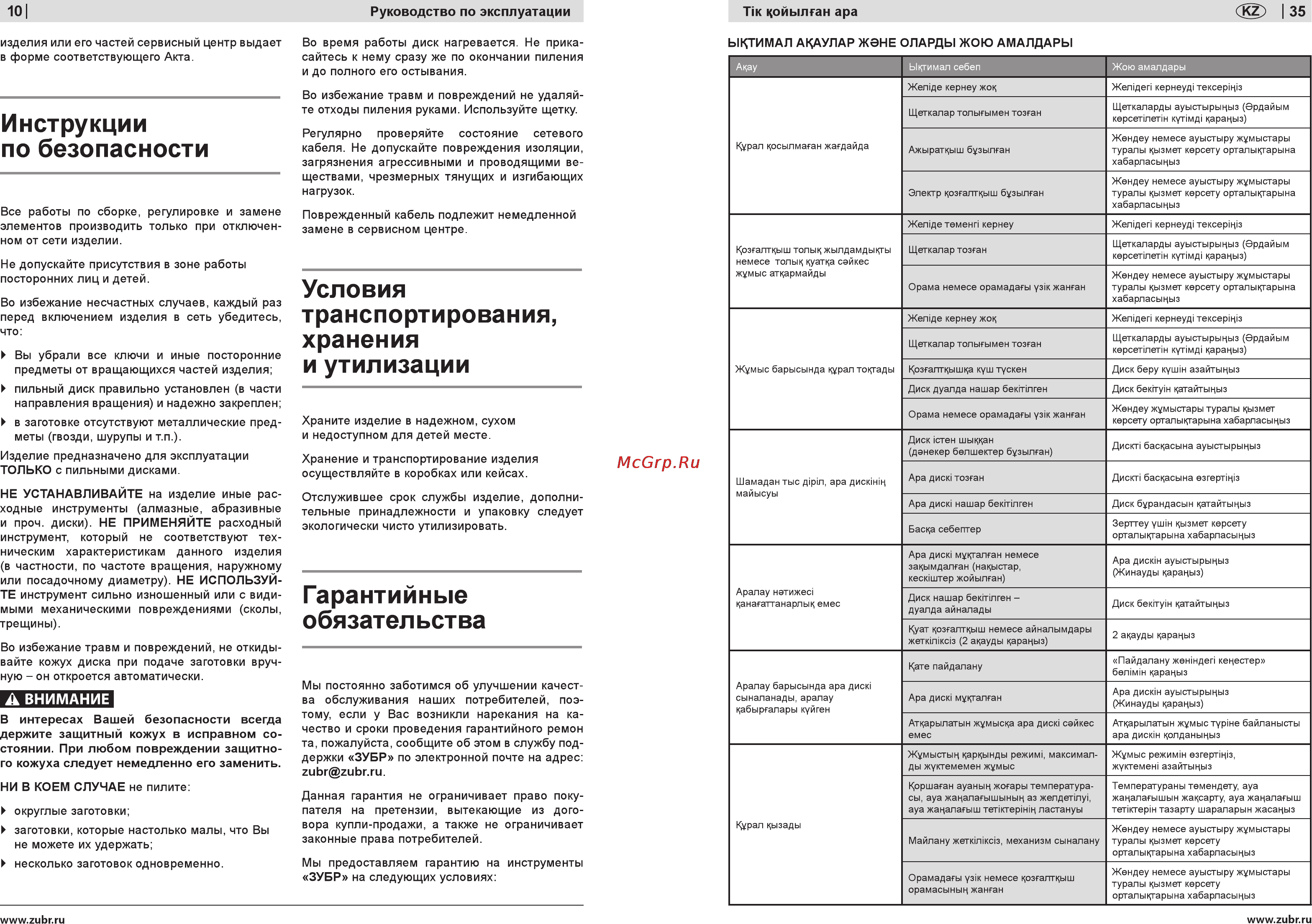 Зубр ЗПТ-255-1600-Л-02 [10/22] Гарантийные обязательства