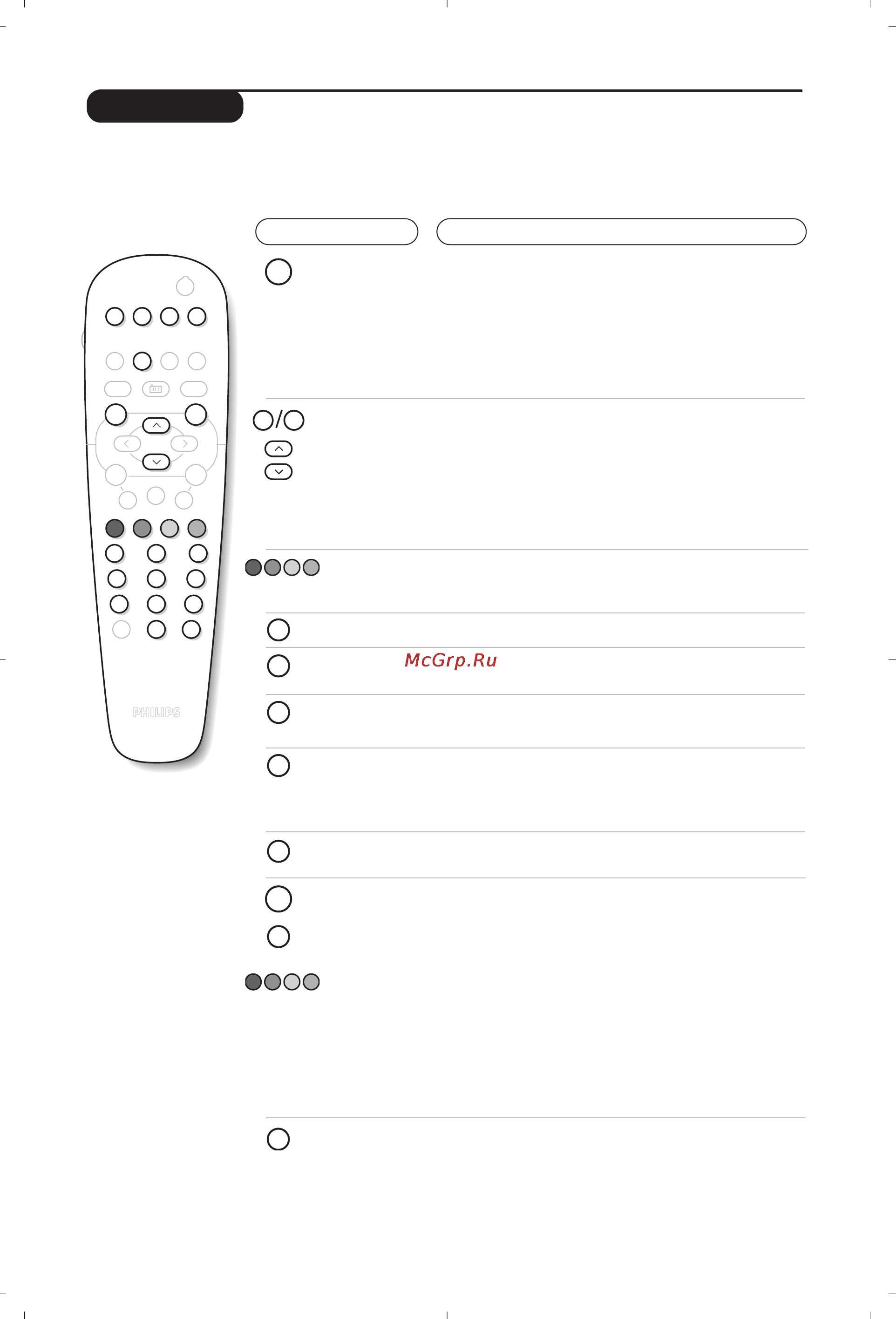 Philips 28PT4458 [81/96] Niektóre strony teletekstowe zawierają tzw pod strony które są automatycznie przełączane jedna po drugiej przy pomocy tego klawisza można zatrzymać przełączanie kolejnych pod stron w lewym górnym rogu ekranu pojawia się