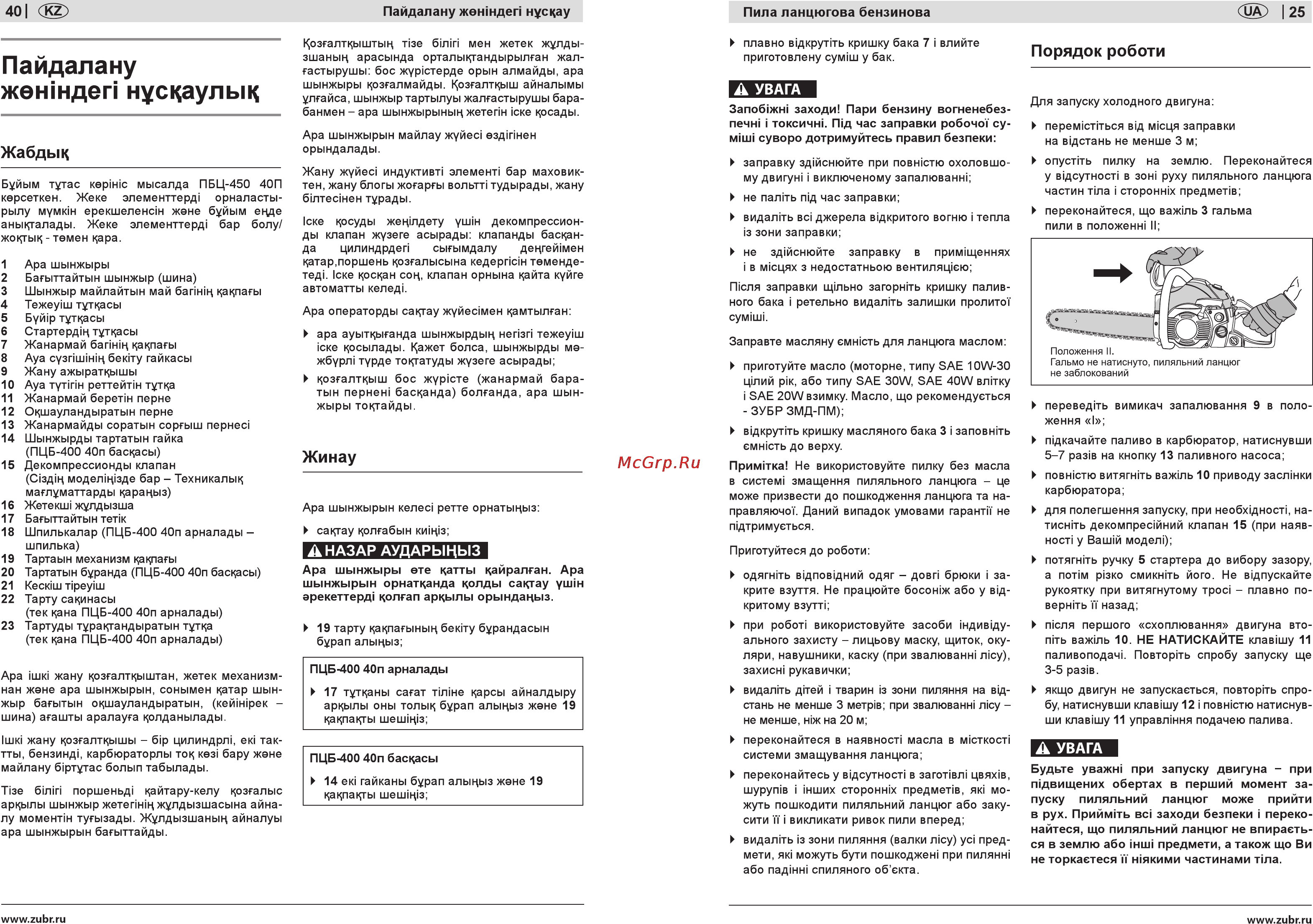 Зубр ПБЦ-450 40п [25/32] Пайдалану жежндеп нусцаулыц