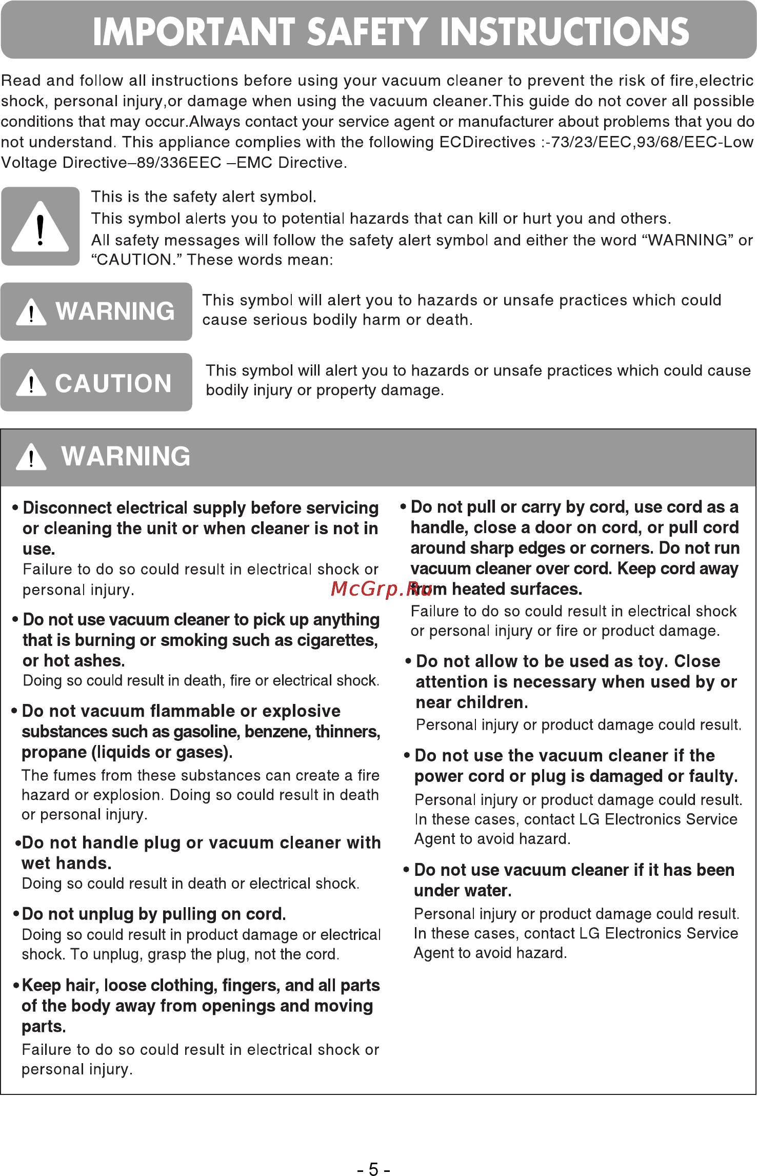 LG VC38143N [5/47] Important safety instructions