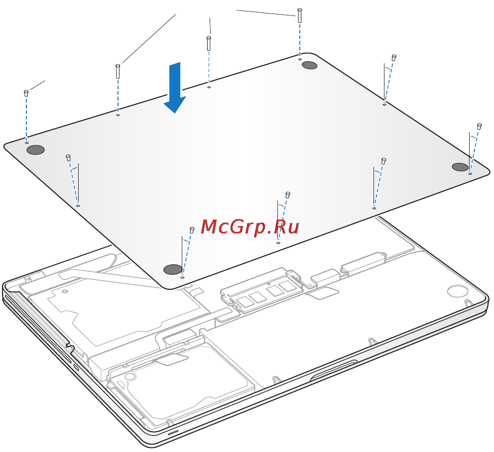 Apple MacBook Pro (ME865RU/A) [43/84] Установите нижнюю часть корпуса на место повторно вставьте в соответствующие отверстия и закрепите десять винтов извлеченных при выполнении шага 2 обязательно вставляя более короткие винты по углам показанным на рисунке