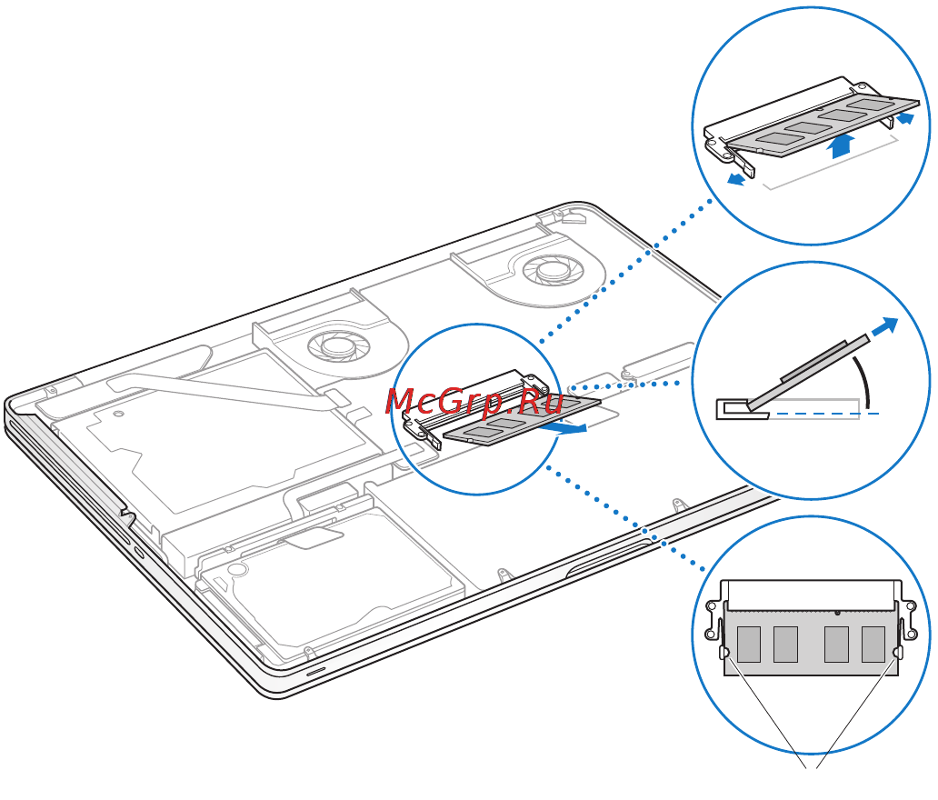 Apple MacBook Pro (ME865RU/A) [45/84] Нажатием сместите наружу рычажки расположенные по сторонам модуля памяти для высвобождения модуля из слота платы памяти