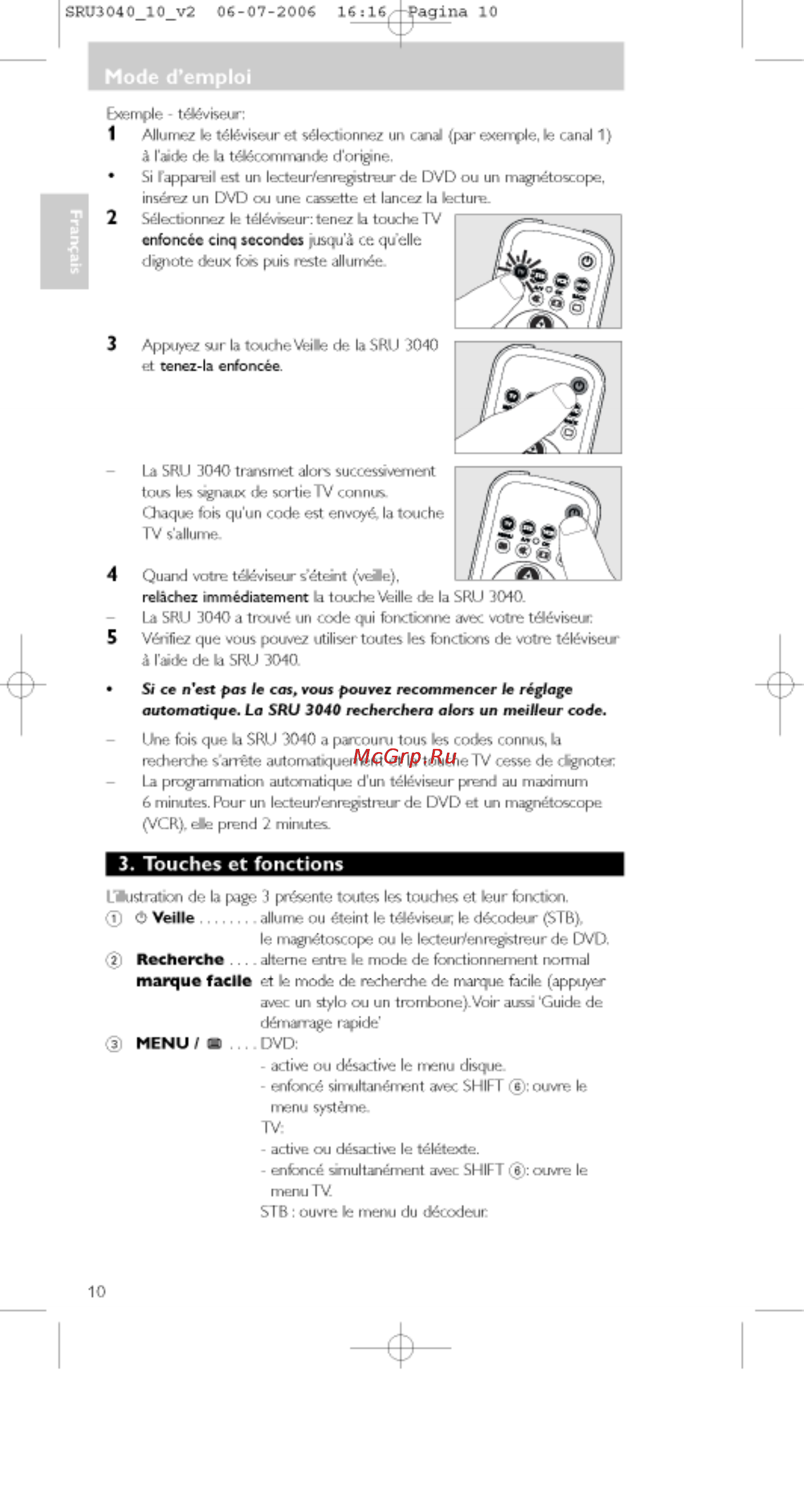 Philips PERFECT  SRU3040 [10/92] Touches et fonctions