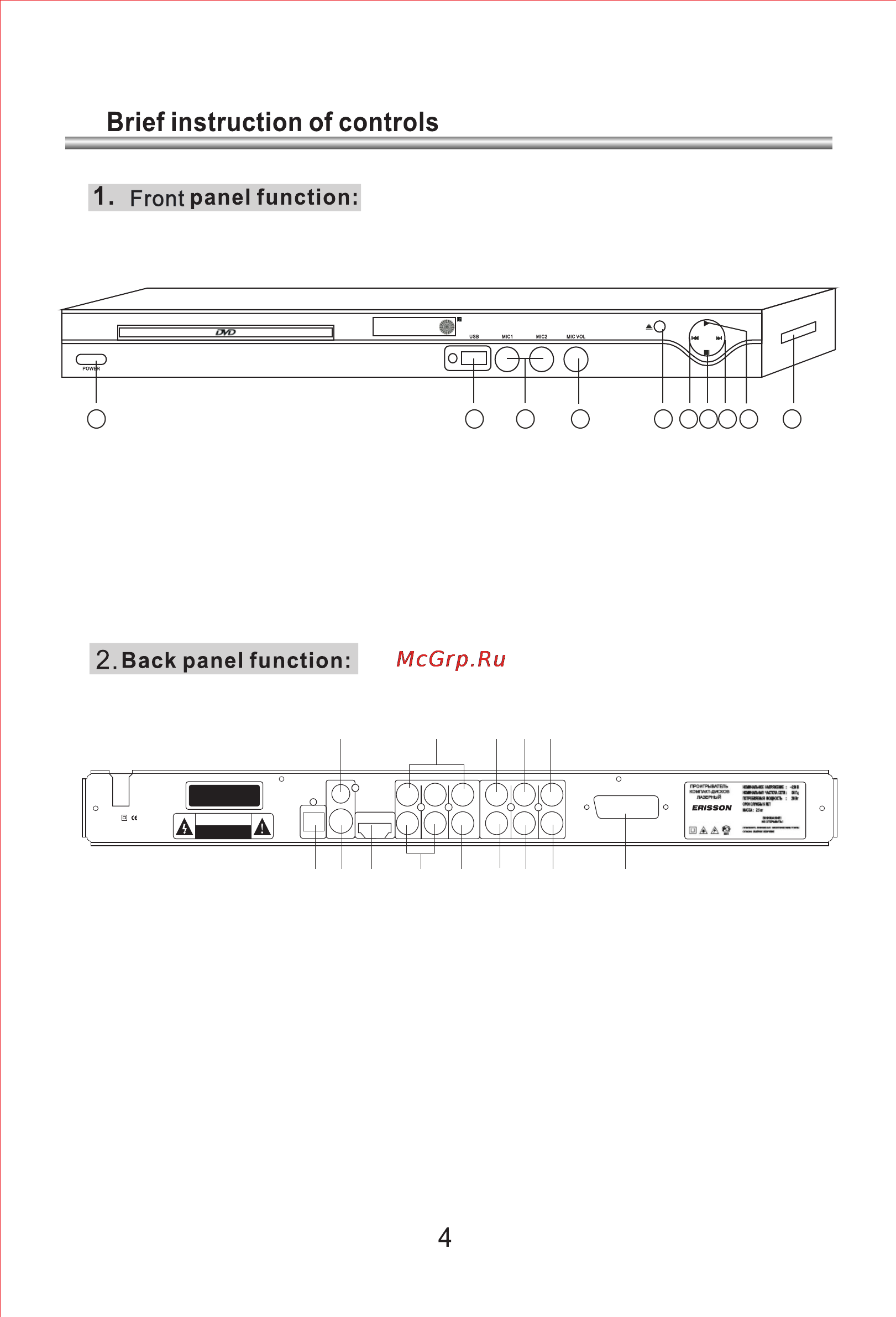 Erisson DVD-1240 [6/44] Power 2 usb 3 mic 1 2 4 mic vol 5 open close