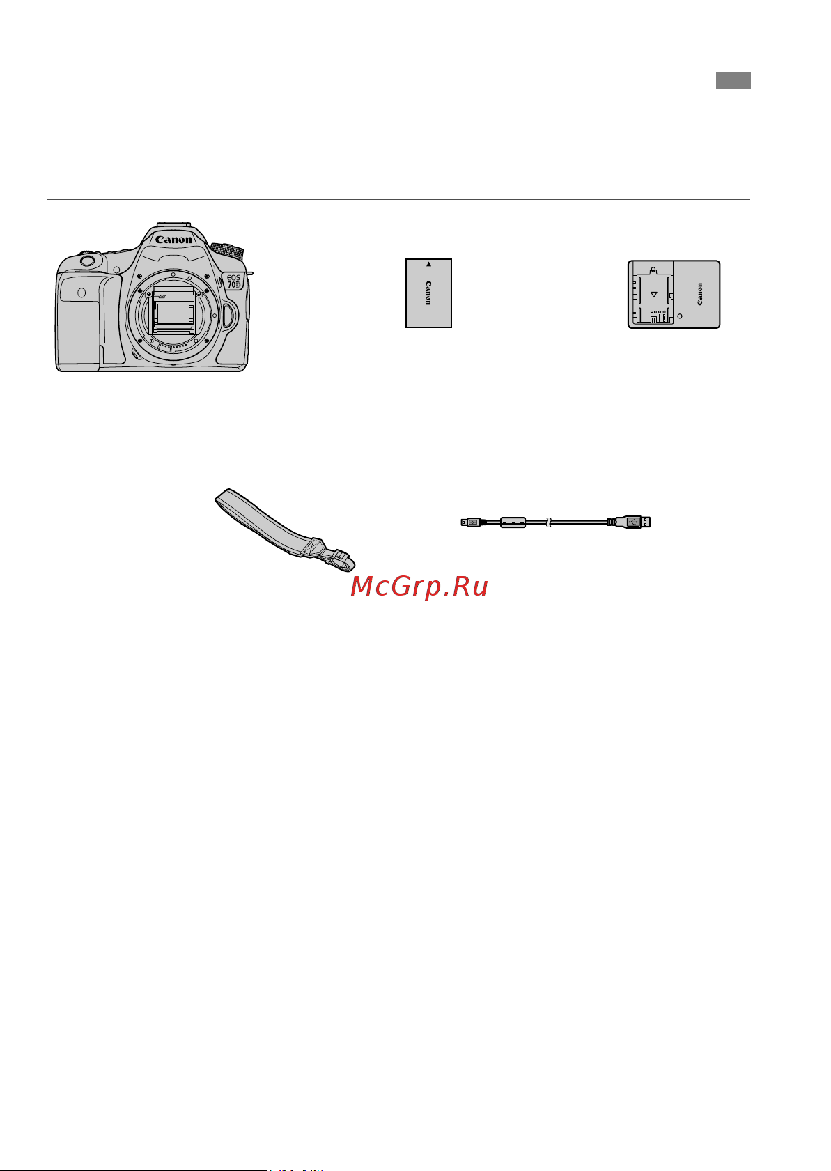 Canon EOS 70D (W) EF-S 18-135 IS STM Kit [4/338] В первую очередь убедитесь что в комплект поставки камеры входят все перечисленные ниже компоненты при отсутствии каких либо компонентов обращайтесь к своему дилеру