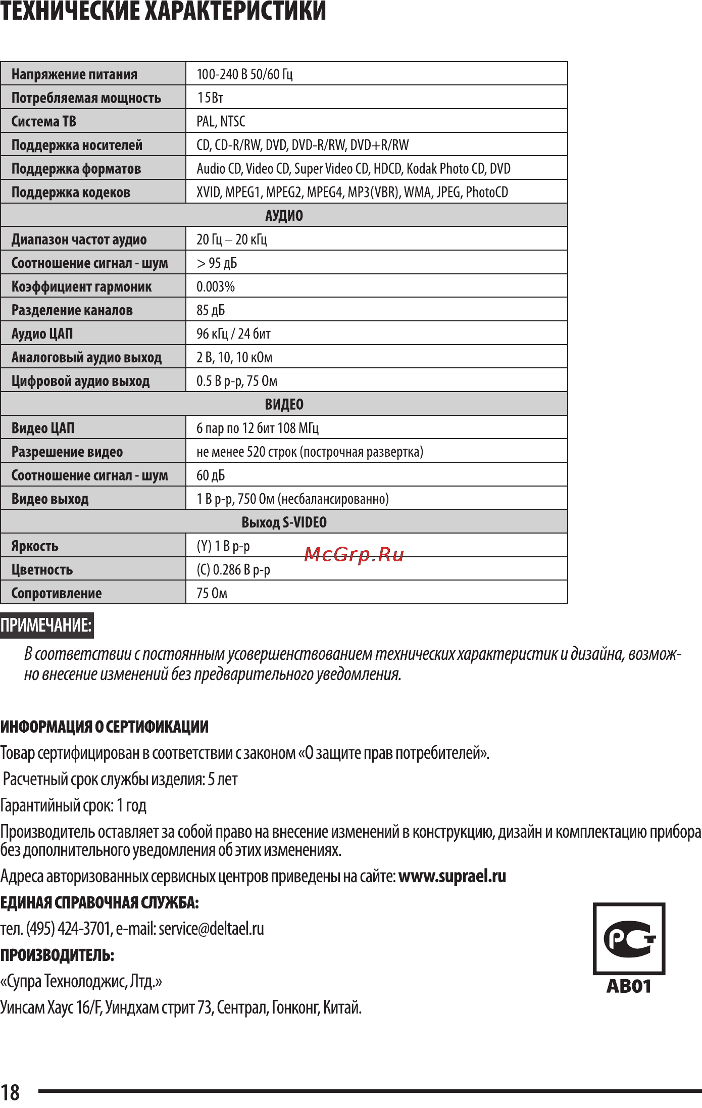 Erisson DVD-1501 [18/19] Технические характеристики
