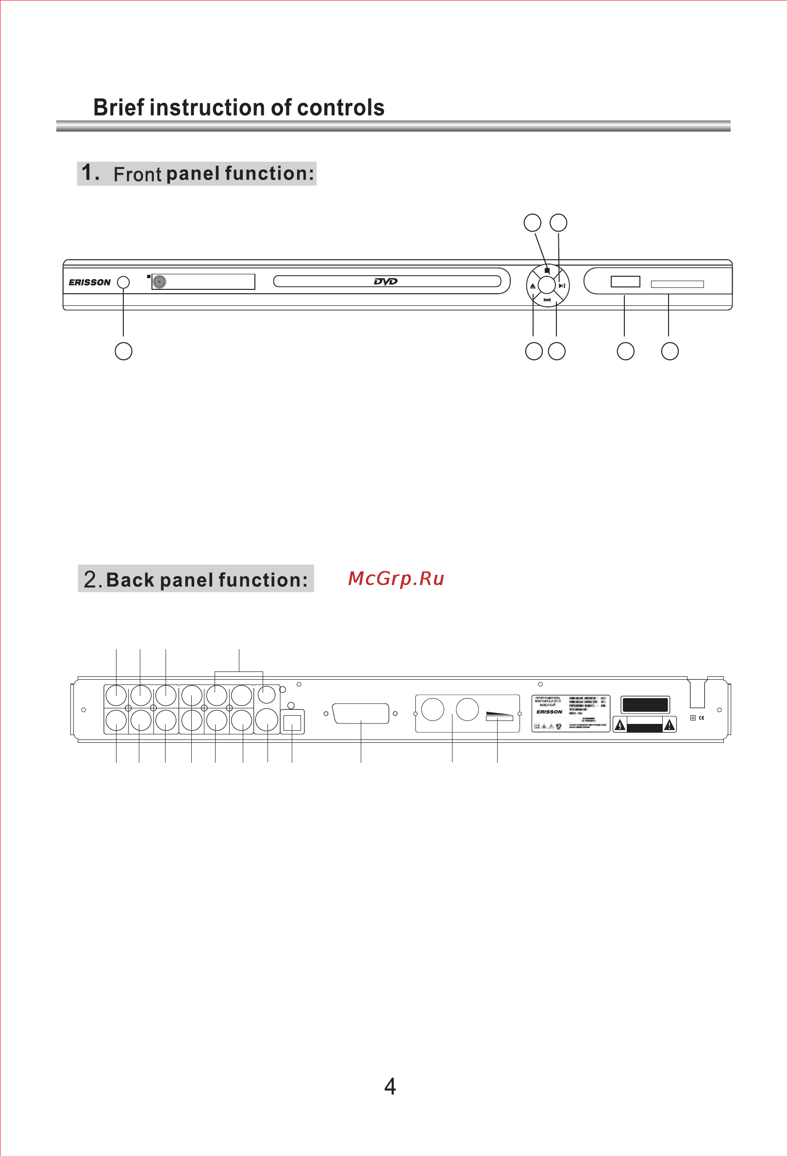 Erisson DVD-1110 [6/44] Power 2 open close 3 r l 4 usb 5 sd mmc ms 6 stop 7 play pause