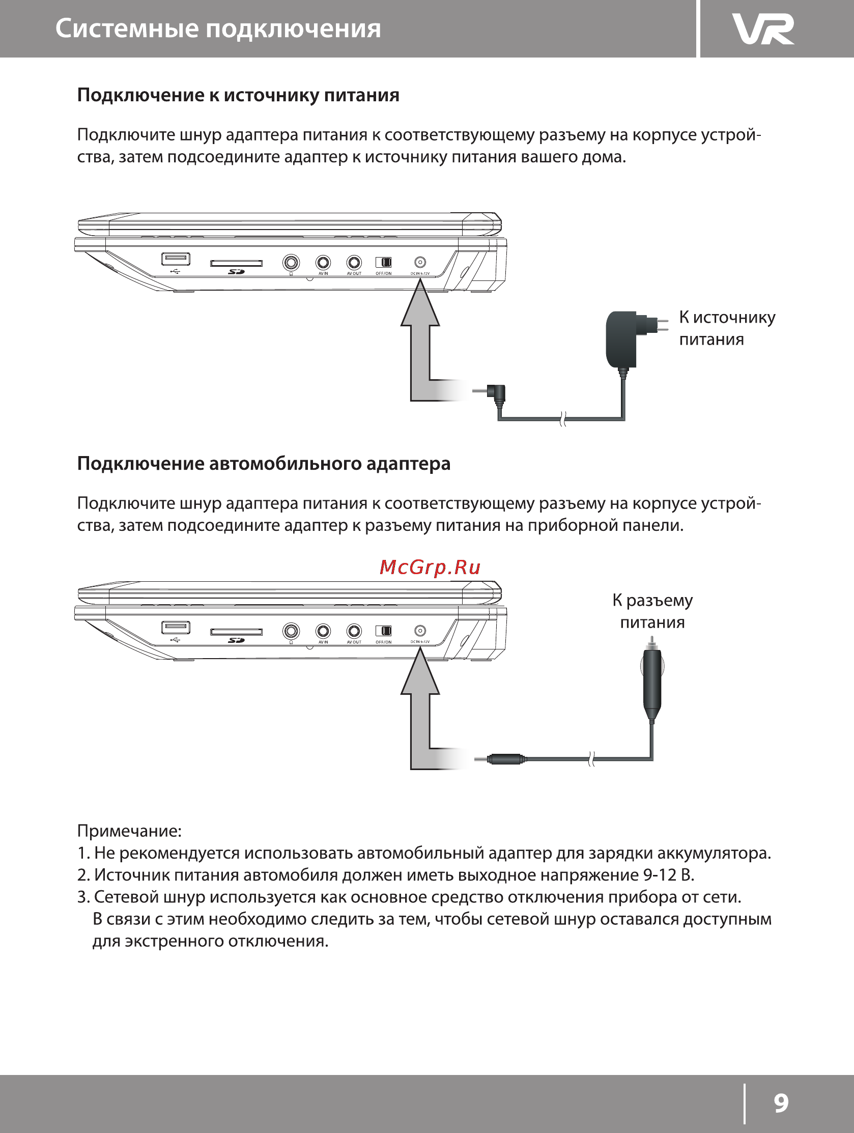 VR PDV-T090JV [9/22] Подключение к источнику питания