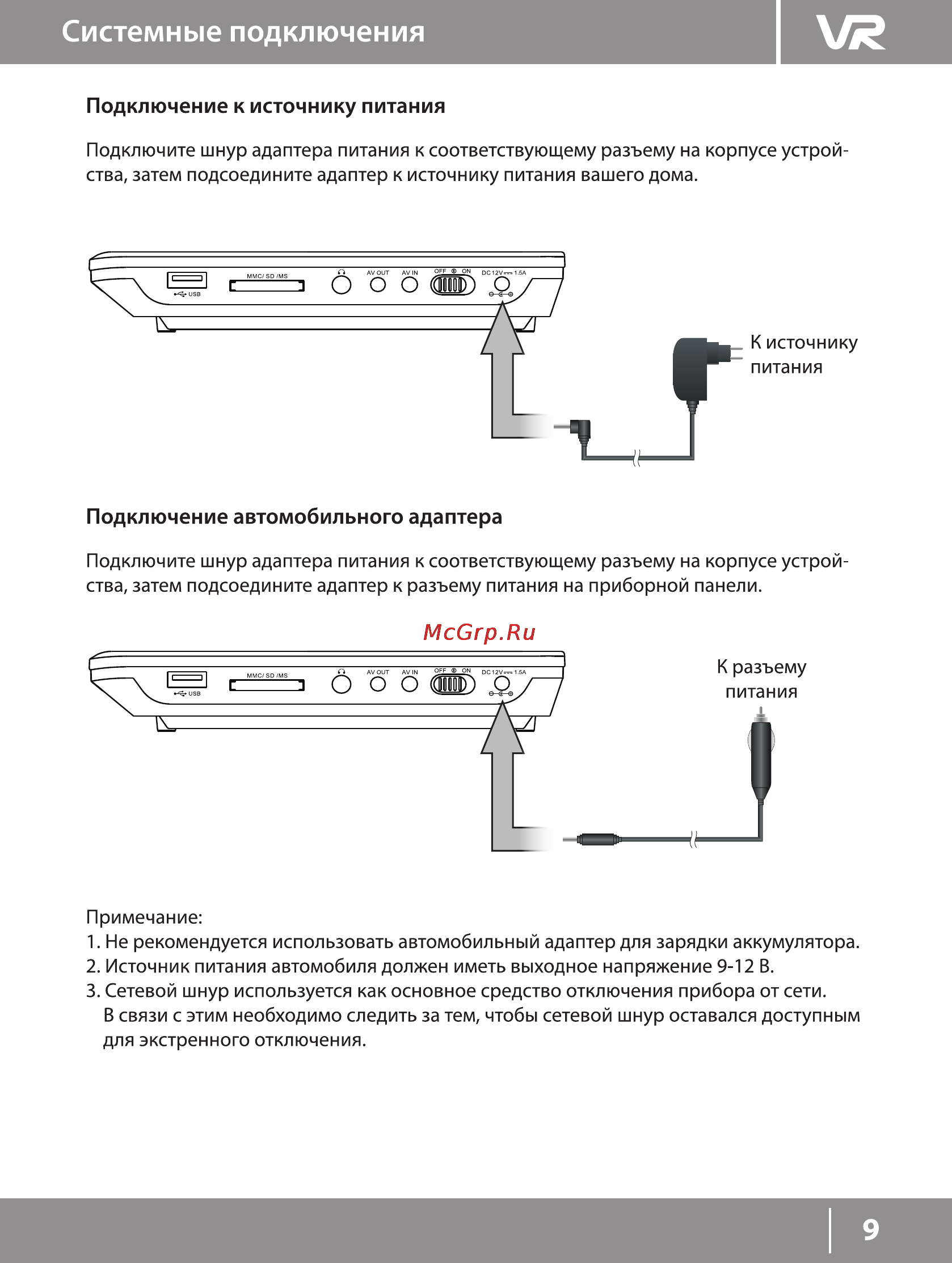 VR PDV-T090KV [9/21] Подключение к источнику питания